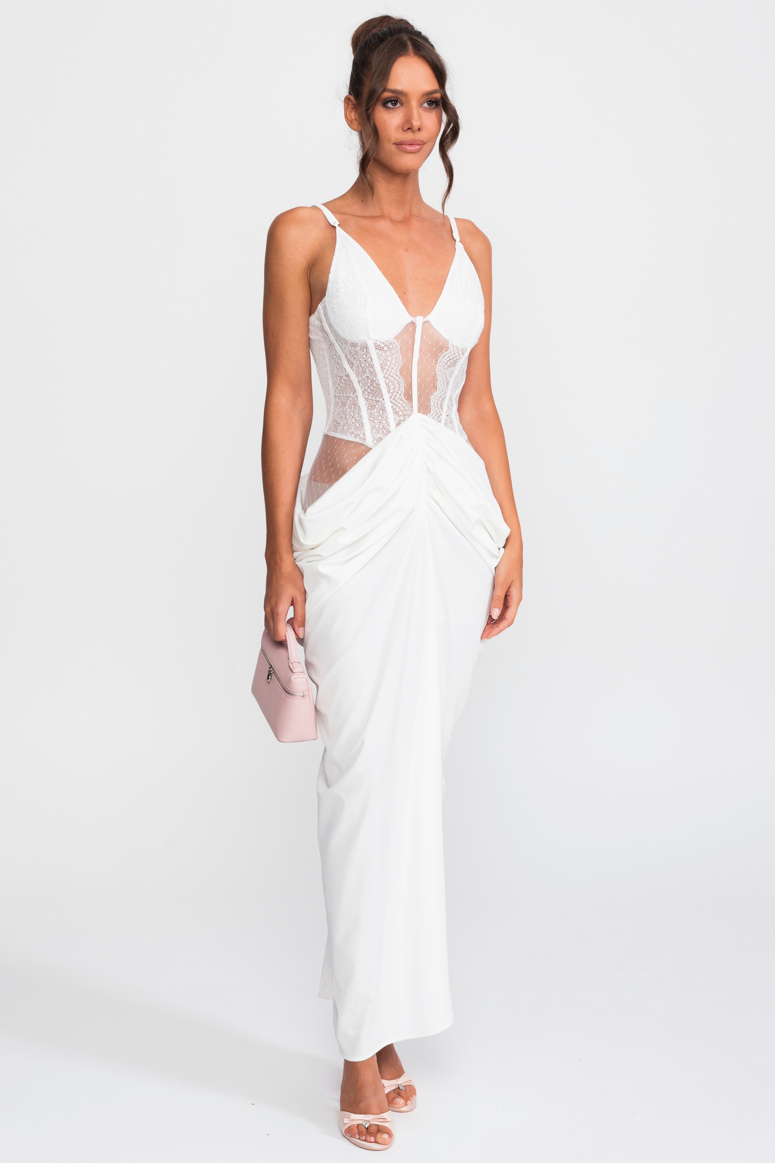 Lace Bodice Draped Gown With Spaghetti Straps - White