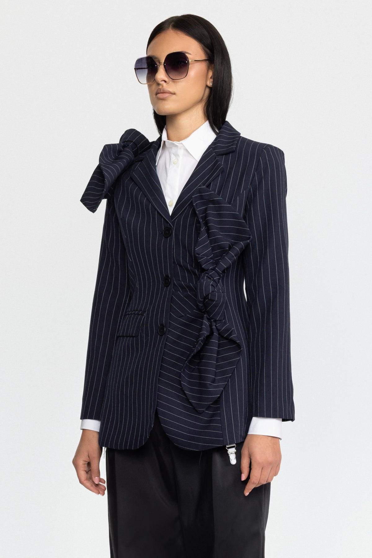 Pinstripe Knotted Bow Blazer - Navy