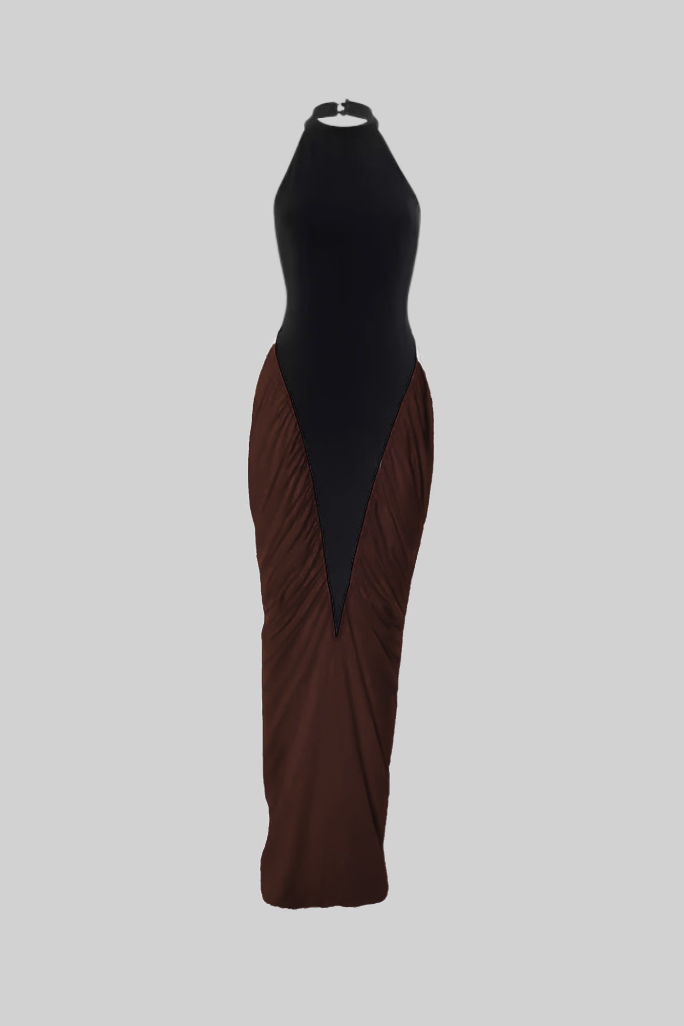 Halter-Maxi-Kleid mit kontrastierenden gerafften Einsätzen – Schwarz/Braun