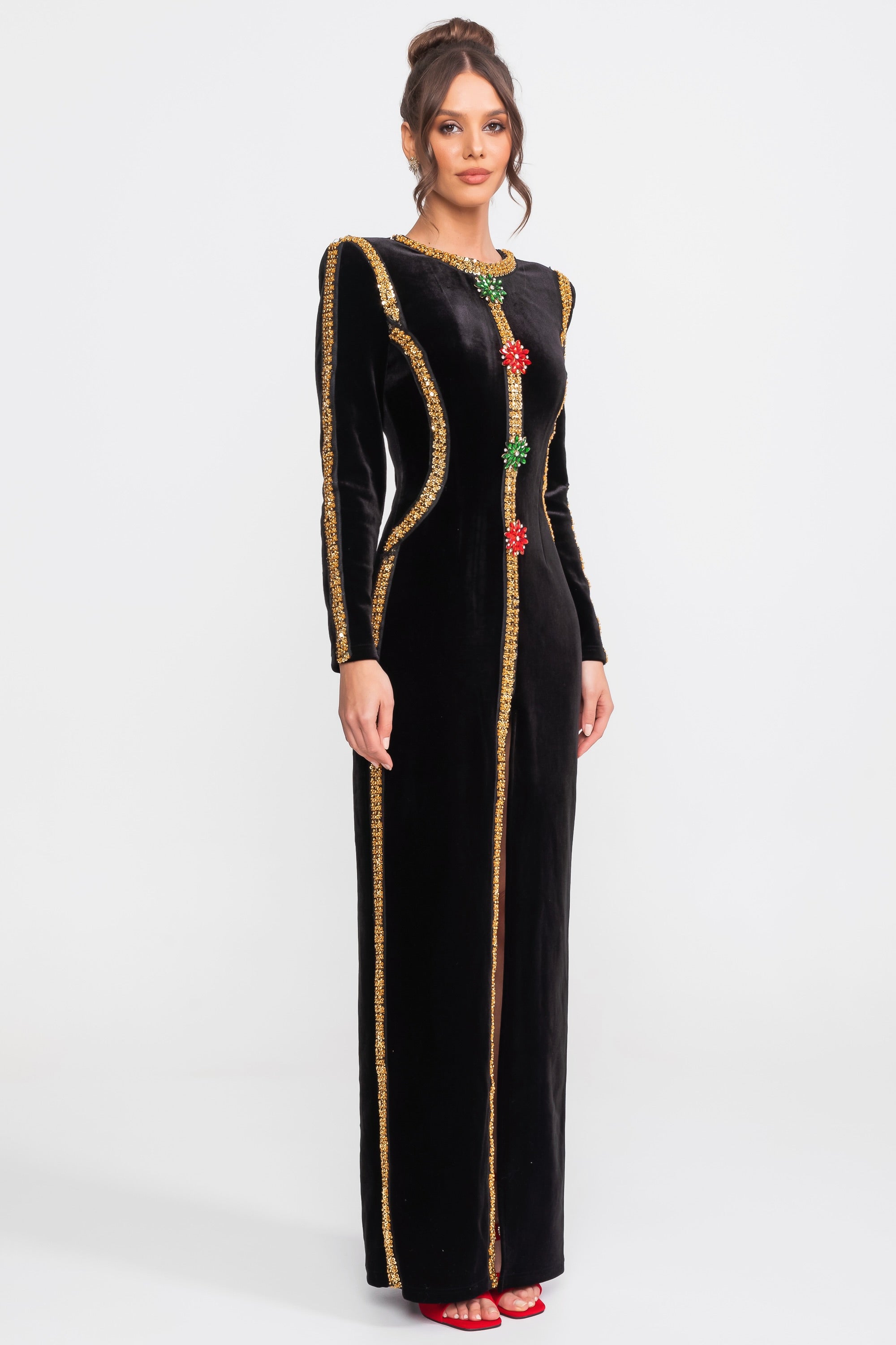 Velvet Maxi Dress With Gold Sequin Trim And Crystal Brooch Detail - Black