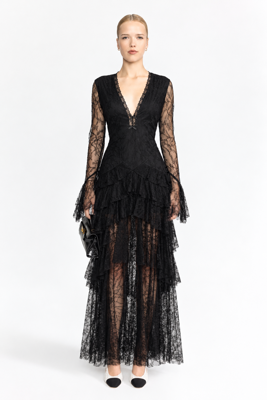 Chantilly Lace Tiered Maxi Dress - Black