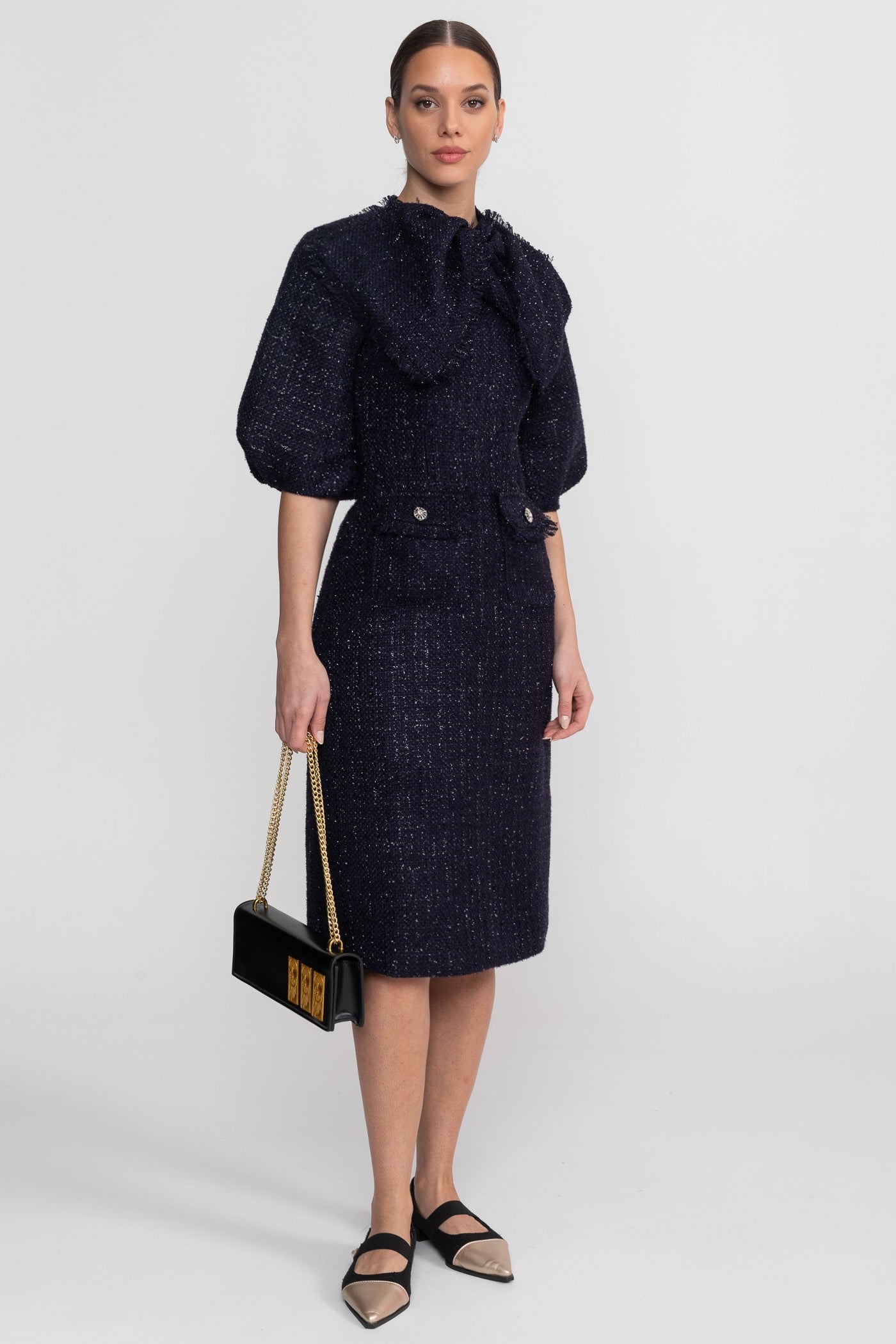 Tweed-Midikleid mit übergroßem Schleifenkragen – Navy