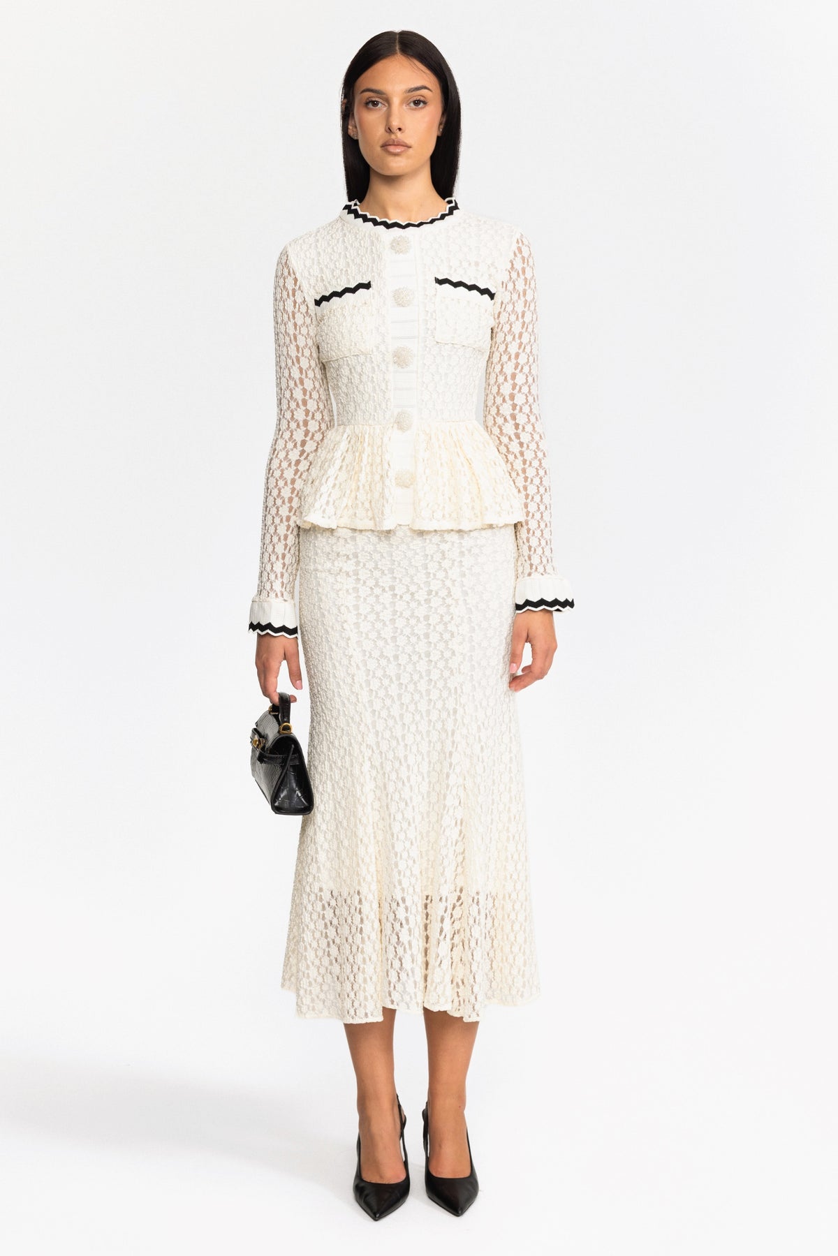 Midi-Kleid aus Häkelstrick mit Peplum und Ric-Rac-Besatz - Off-White