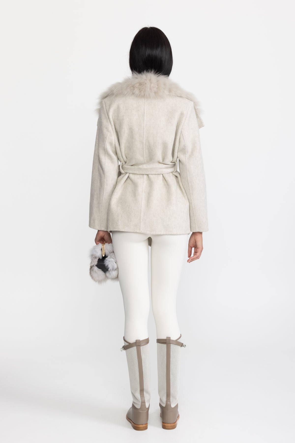 Wool Coat with Oversized Fur Collar And Belt - Light Grey