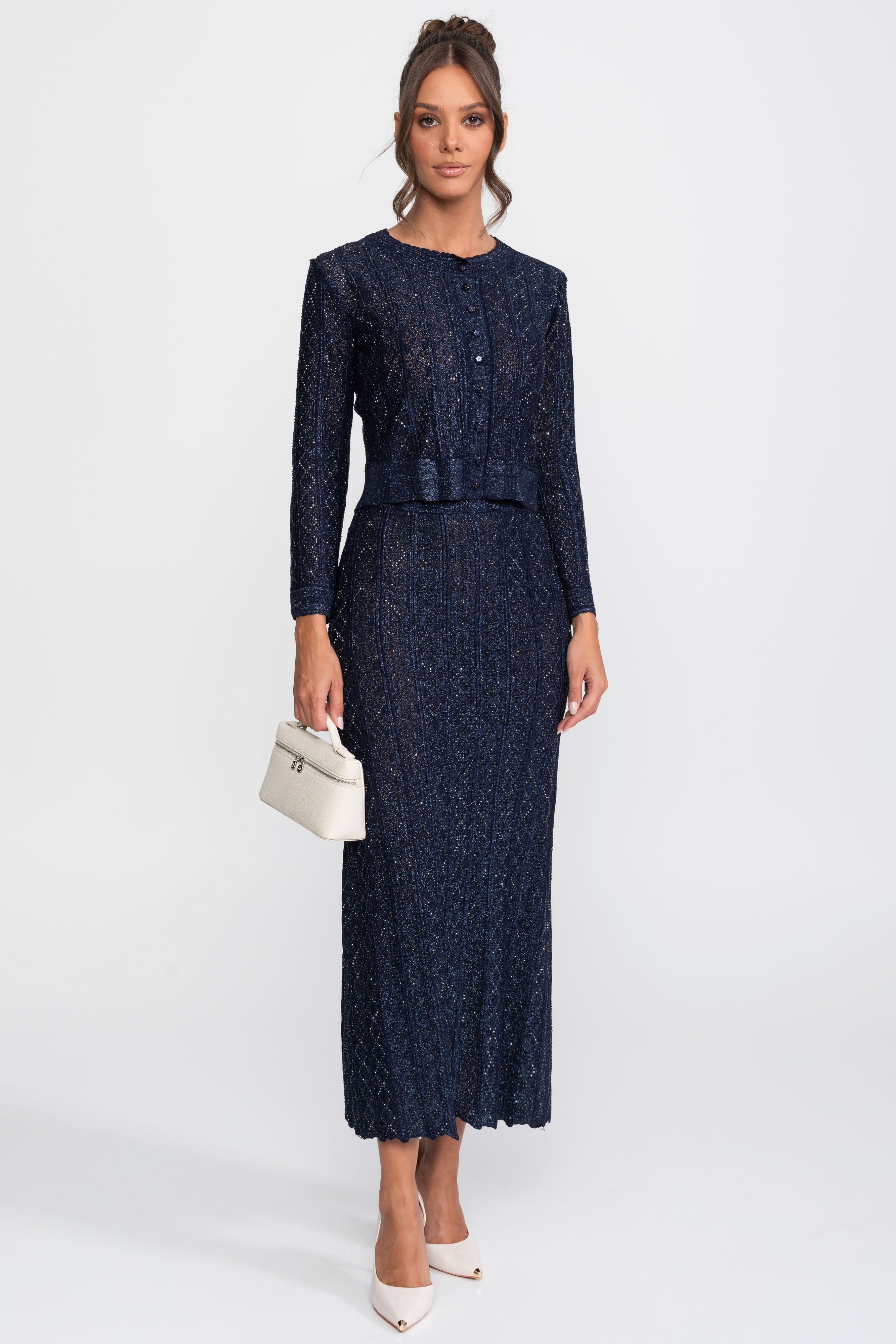Langärmliges Co-Ord-Set aus Spitze mit Rautenmuster und Maxirock - Navy