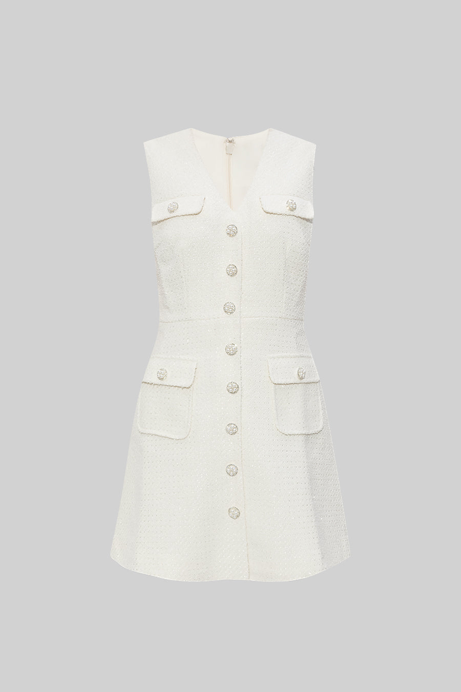 Textured Sleeveless Dress With Pearl Button Accents - White