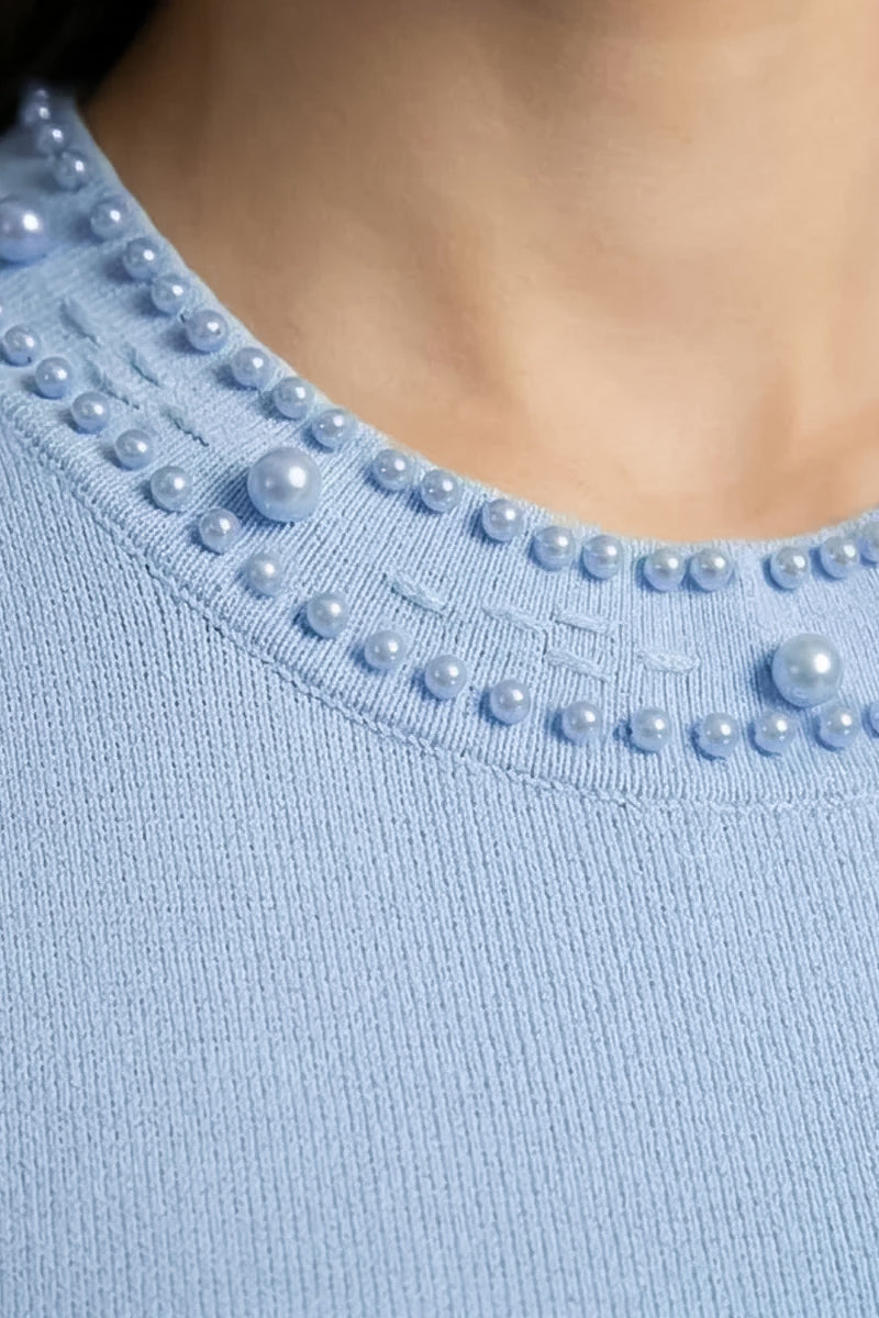 Gestrickter Cardigan mit Perlenknöpfen und Verzierungen – Blau