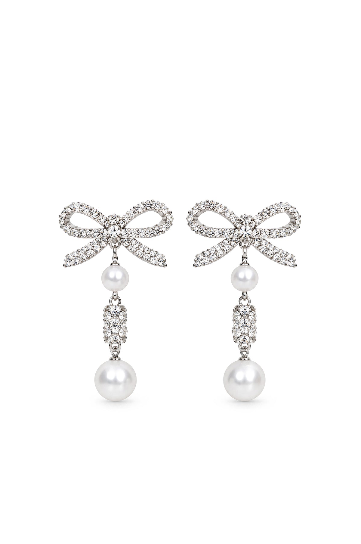 Crystal Bow Necklace and Pearl Drop Earrings Set - Silver