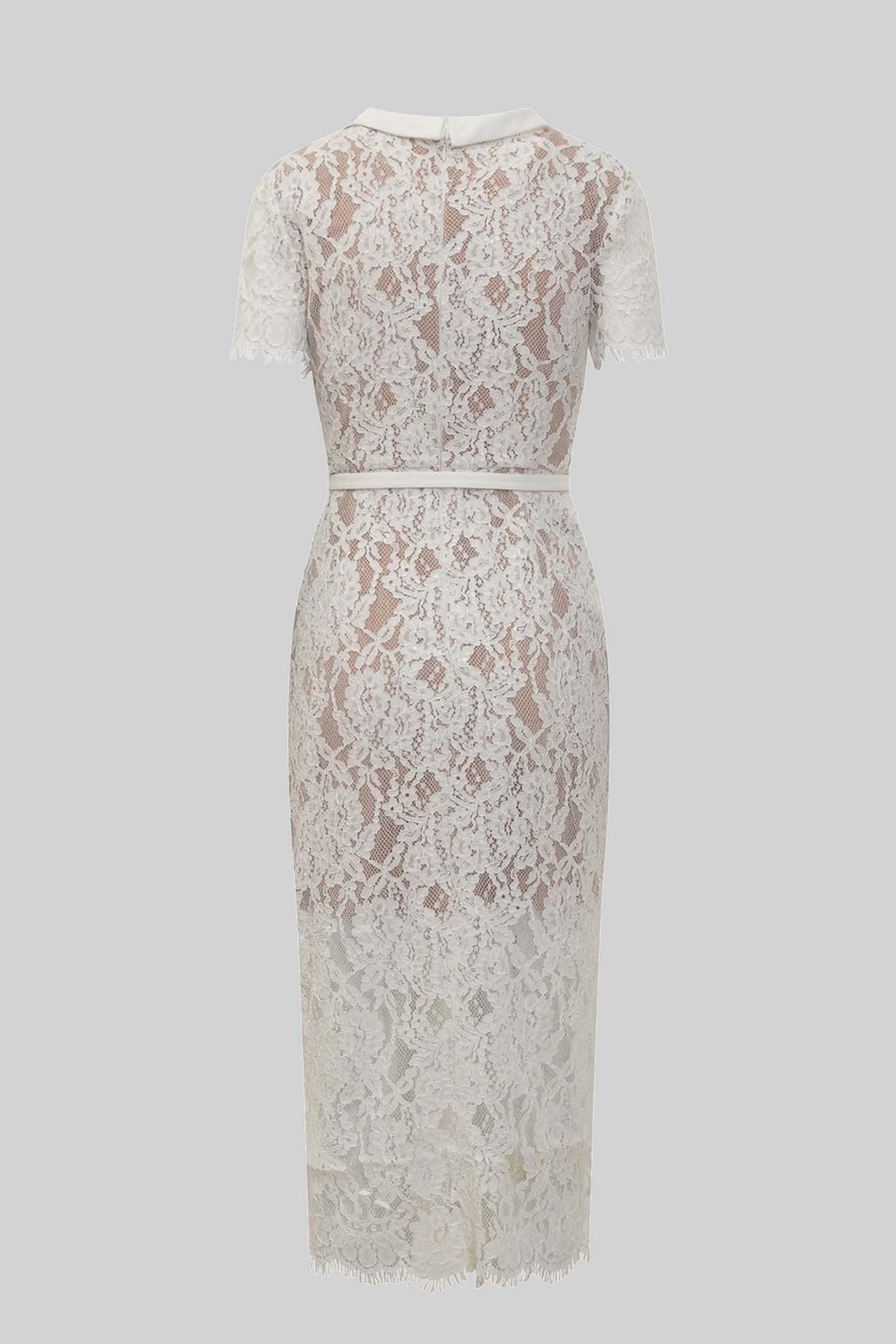 Elegantes Spitzenkleid mit kurzen Ärmeln und passendem Taillengürtel - Weiß