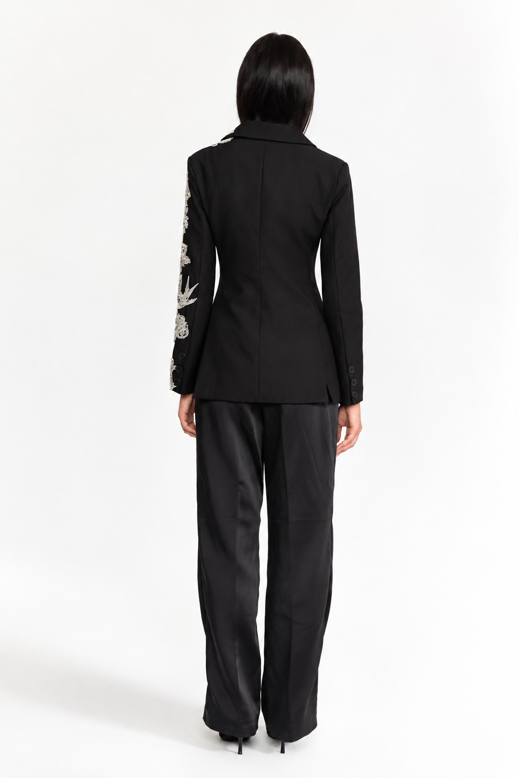 Sequin Bird Embroidered Tailored Blazer - Black