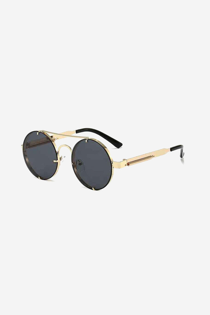 Rimless Round Sunglasses with Double Bridge and Temple Springs – Black/Gold