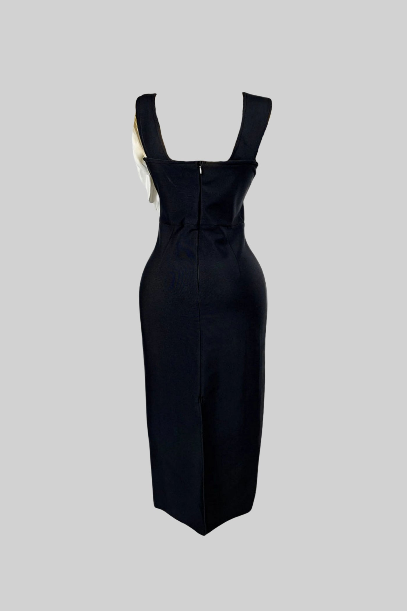 Floral Appliqué Midi Dress With Plunging Neckline – Black & White