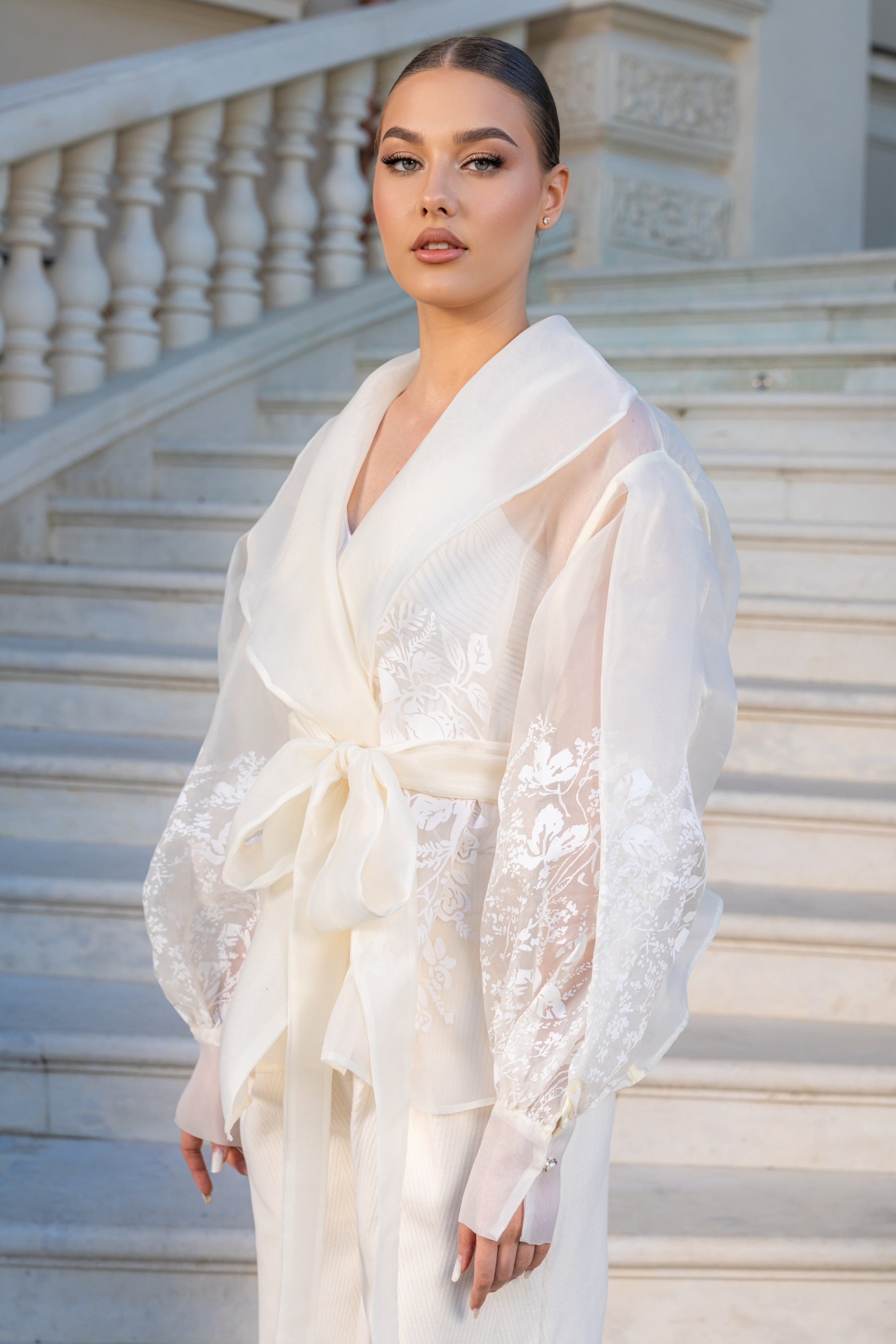 Organza Blazer with Floral Print and Puffy Sleeves - White