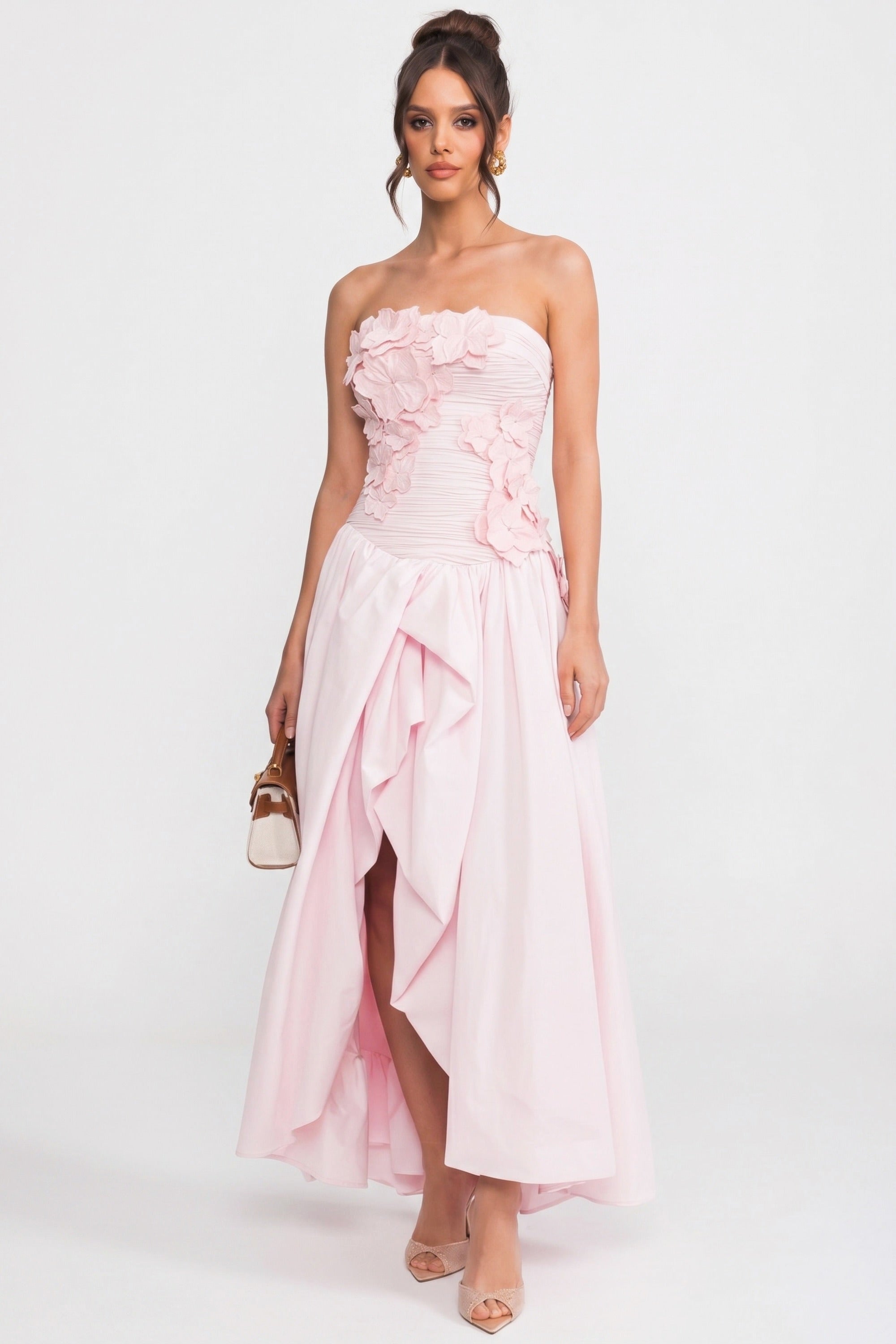 Strapless Ballgown With 3D Floral Bodice And Full Skirt - Pink