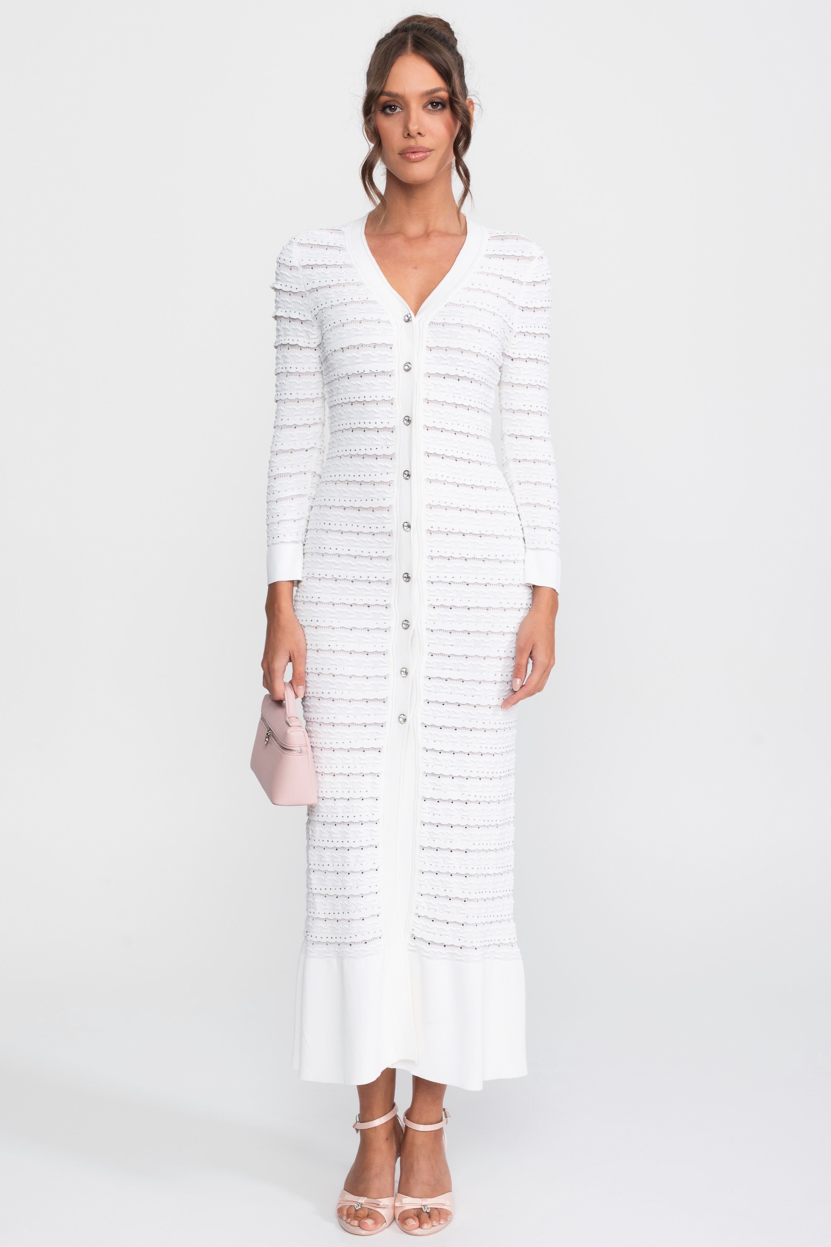 Textured Knit Maxi Cardigan Dress With Crystal Button - White