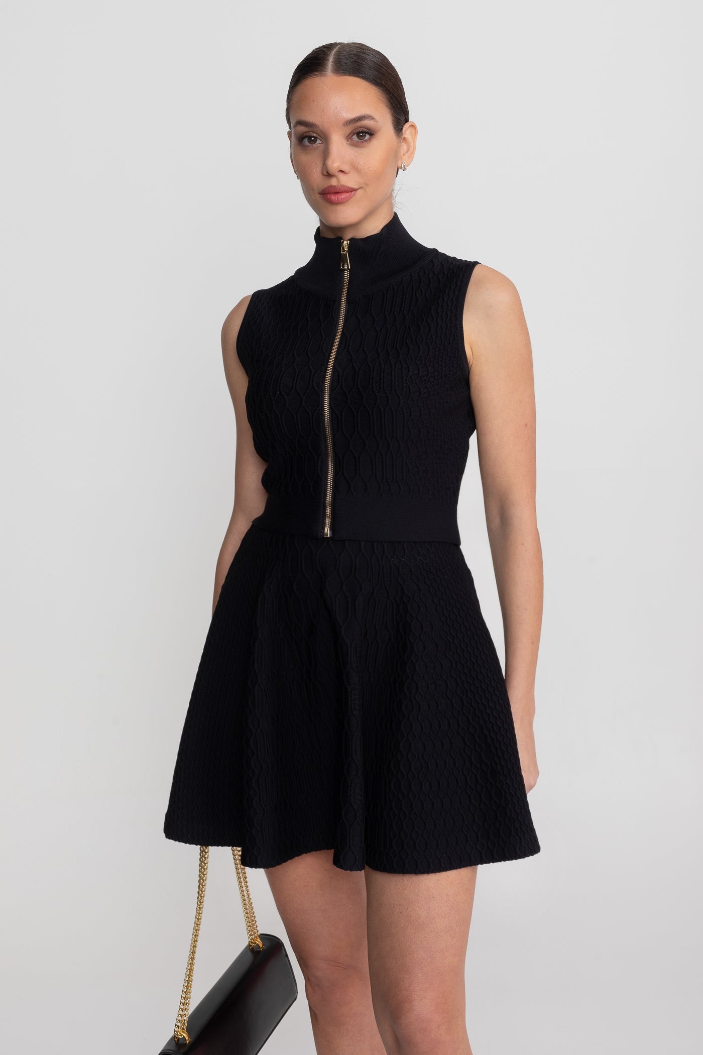 Textured Co-Ord Set With Sleeveless High Neck Top And Matching Mini Skirt - Black