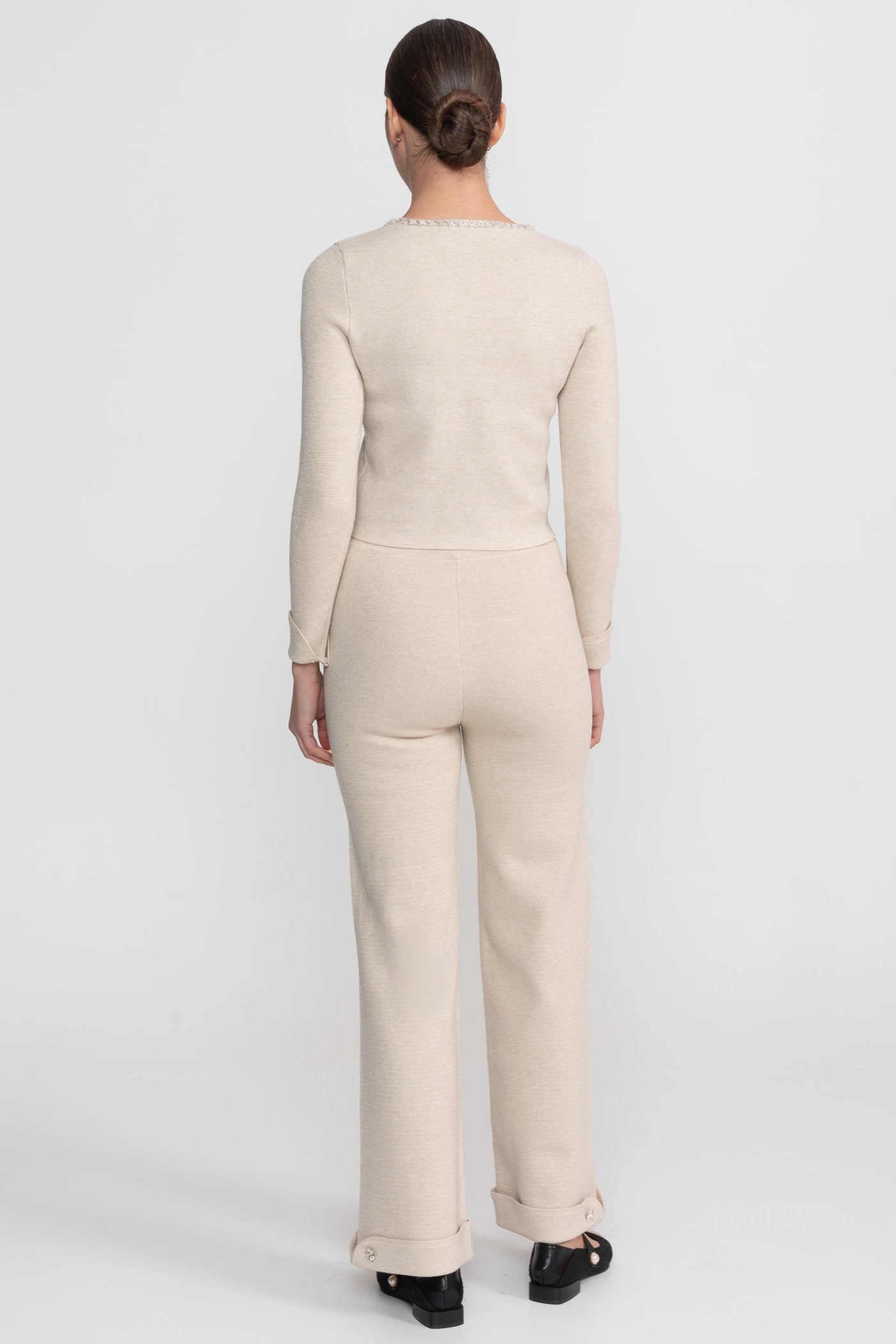 Langärmliges Strick-Co-Ord-Set mit funkelnden Verzierungen – Beige