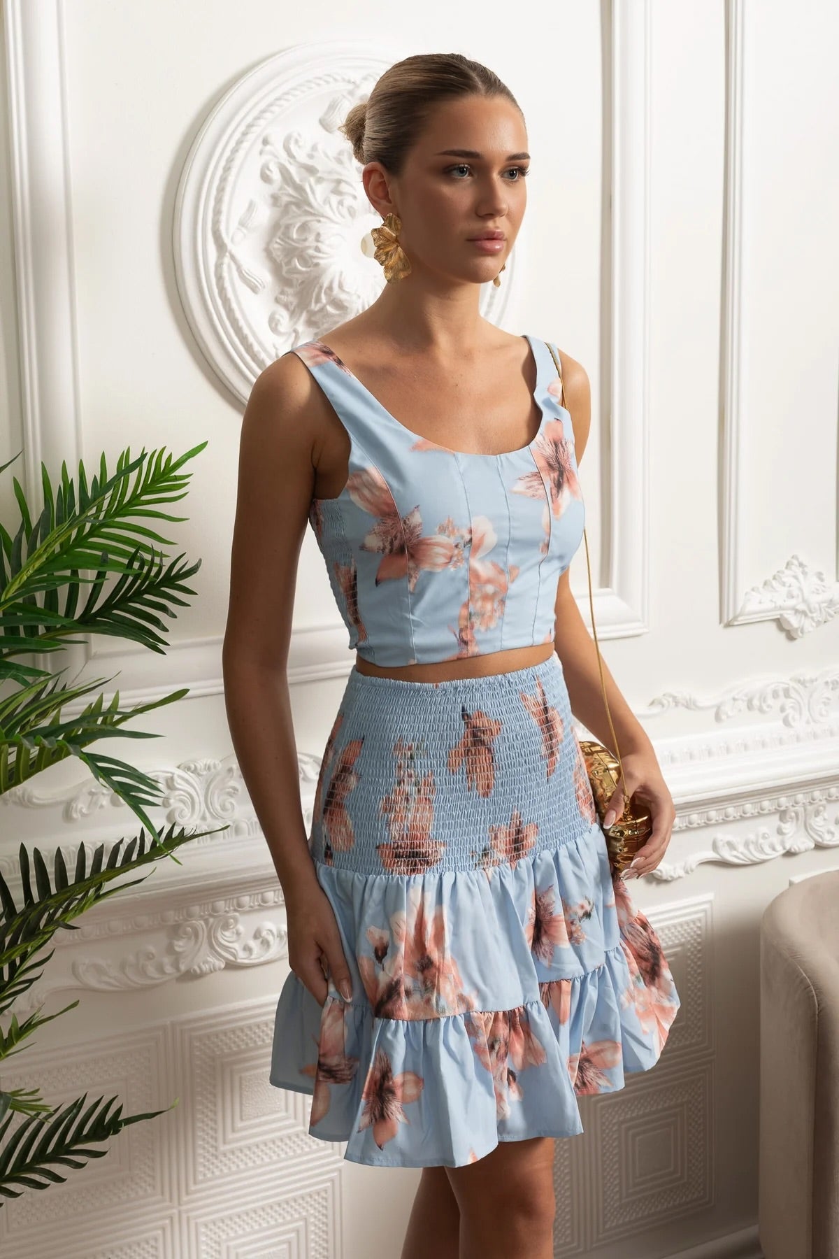 Mini Floral Smocked Co-Ord Set - Blue