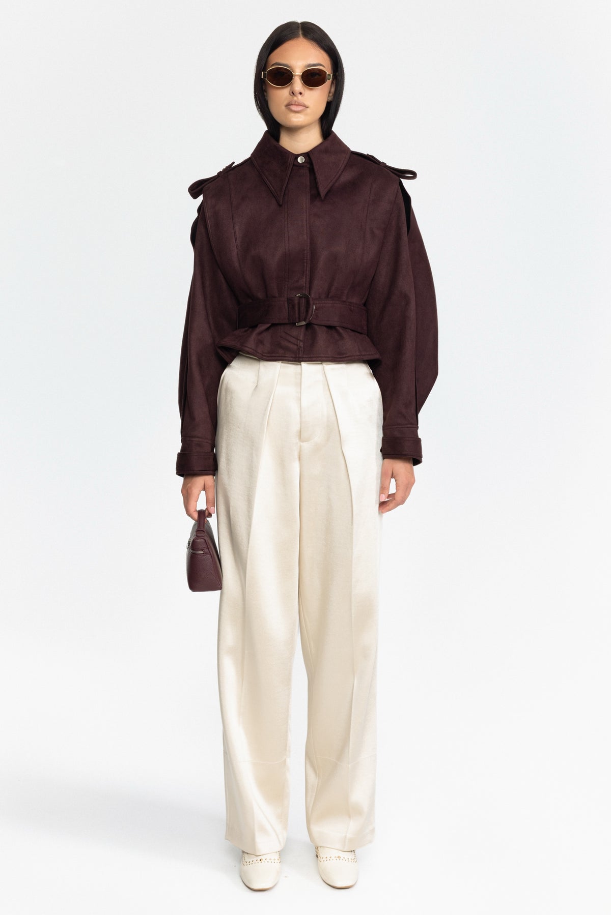 Cape-Jacke aus Veloursleder mit Gürtel - Burgunderrot