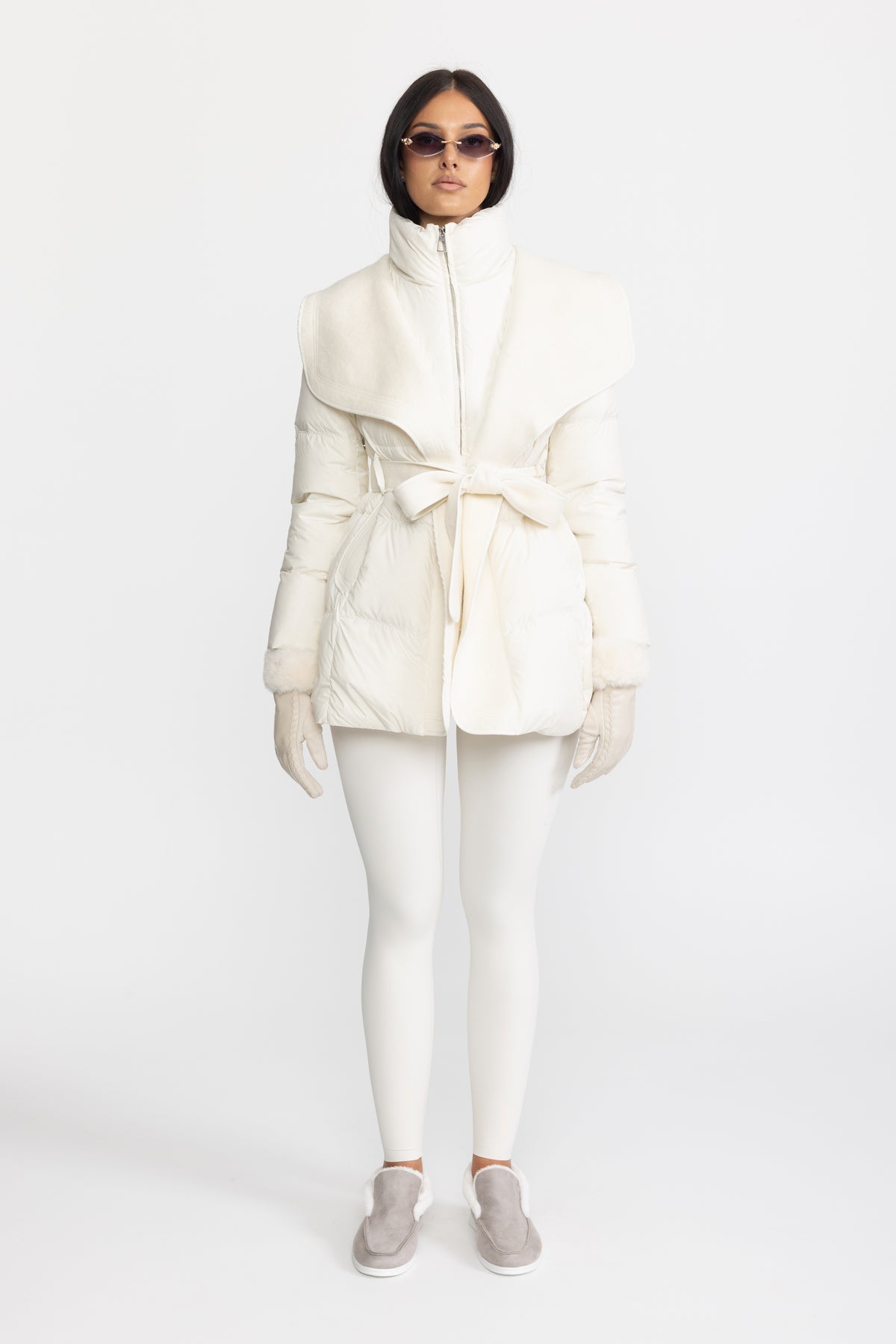 Draped Collar Belted Down Jacket with Plush Cuffs - Ivoire