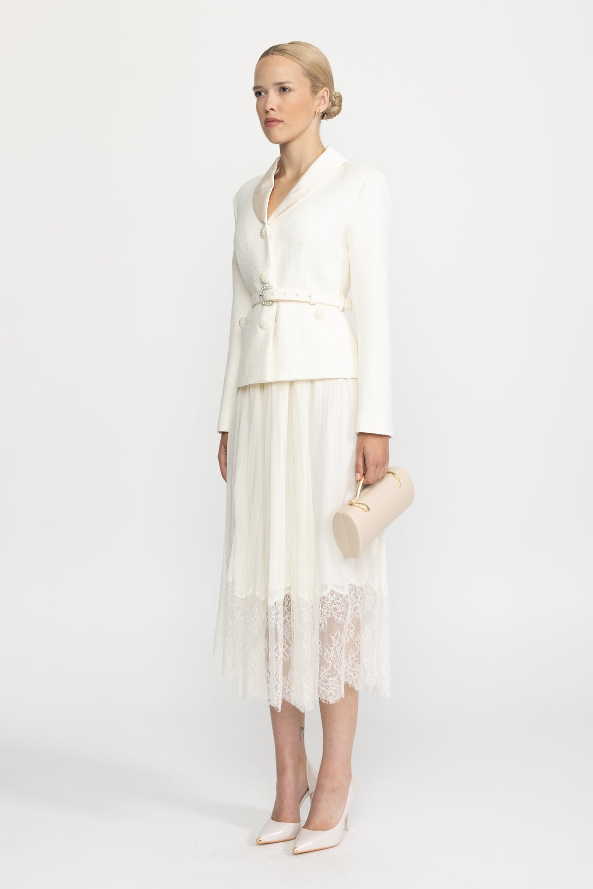 Satin Collar Tweed Jacket Dress with Pleated Lace Skirt - Ivoire