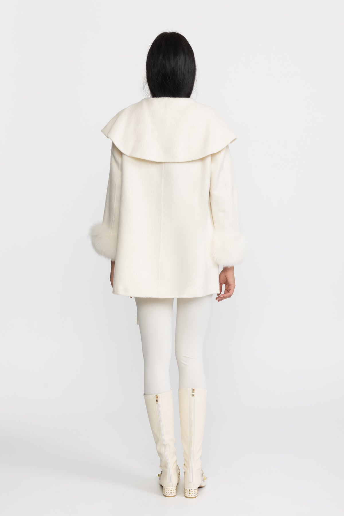 Capelet Collar Wool Jacket with Bow and Fur-Effect Cuffs - Ivoire