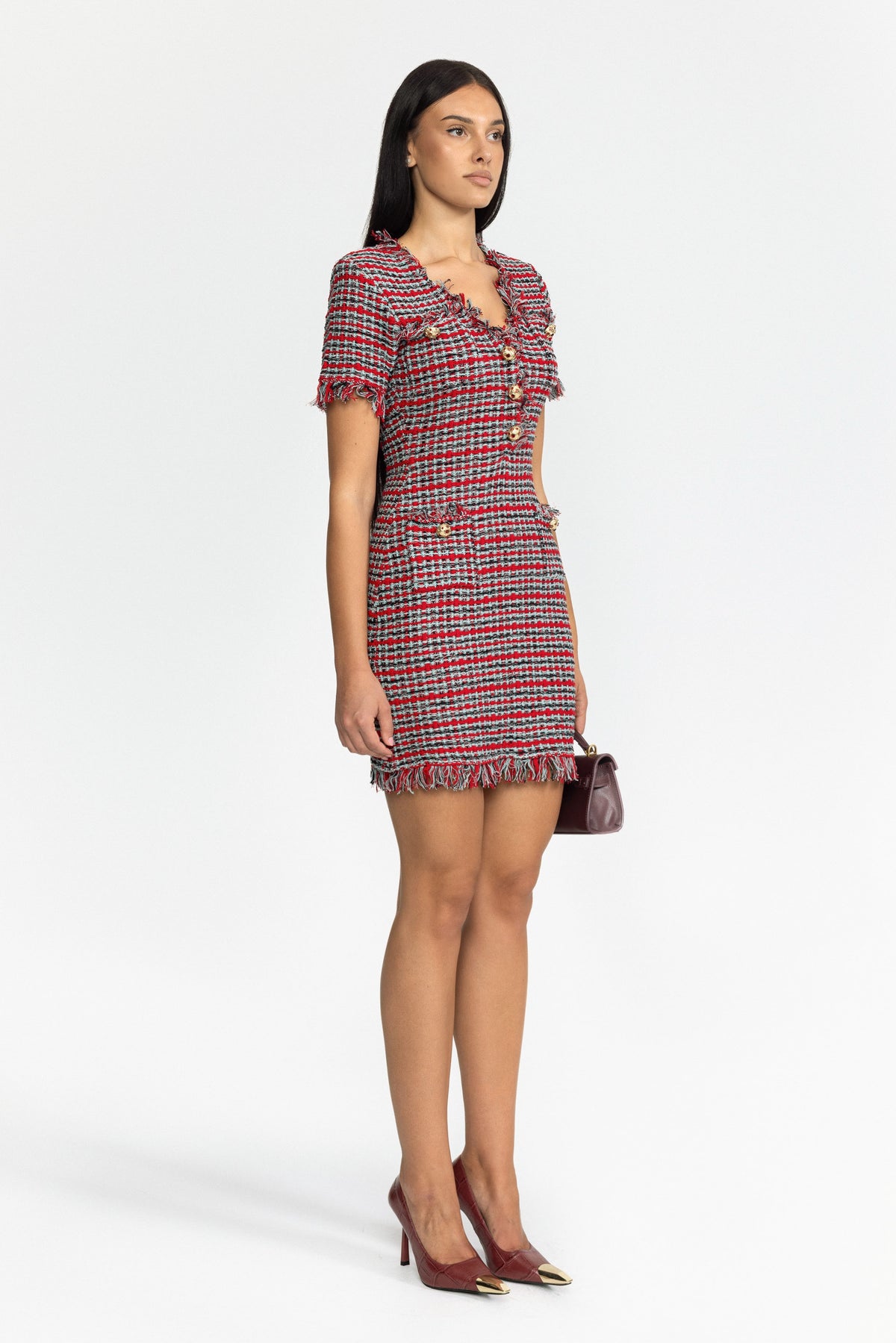 Minikleid aus Tweed-Strick mit Fransen - Rot Multicolor