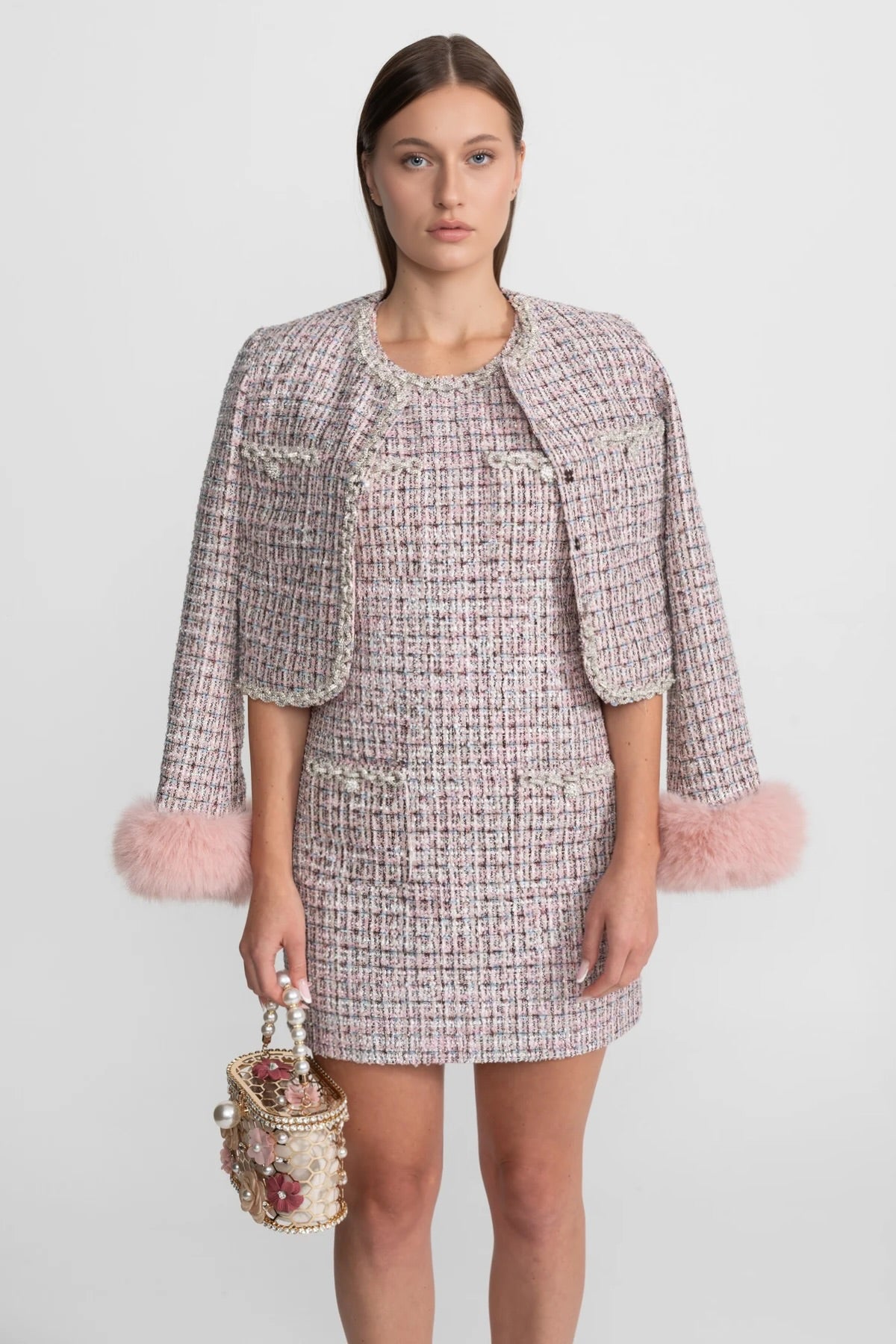 Tweed Cropped Jacket with Faux Fur Cuffs - Pink