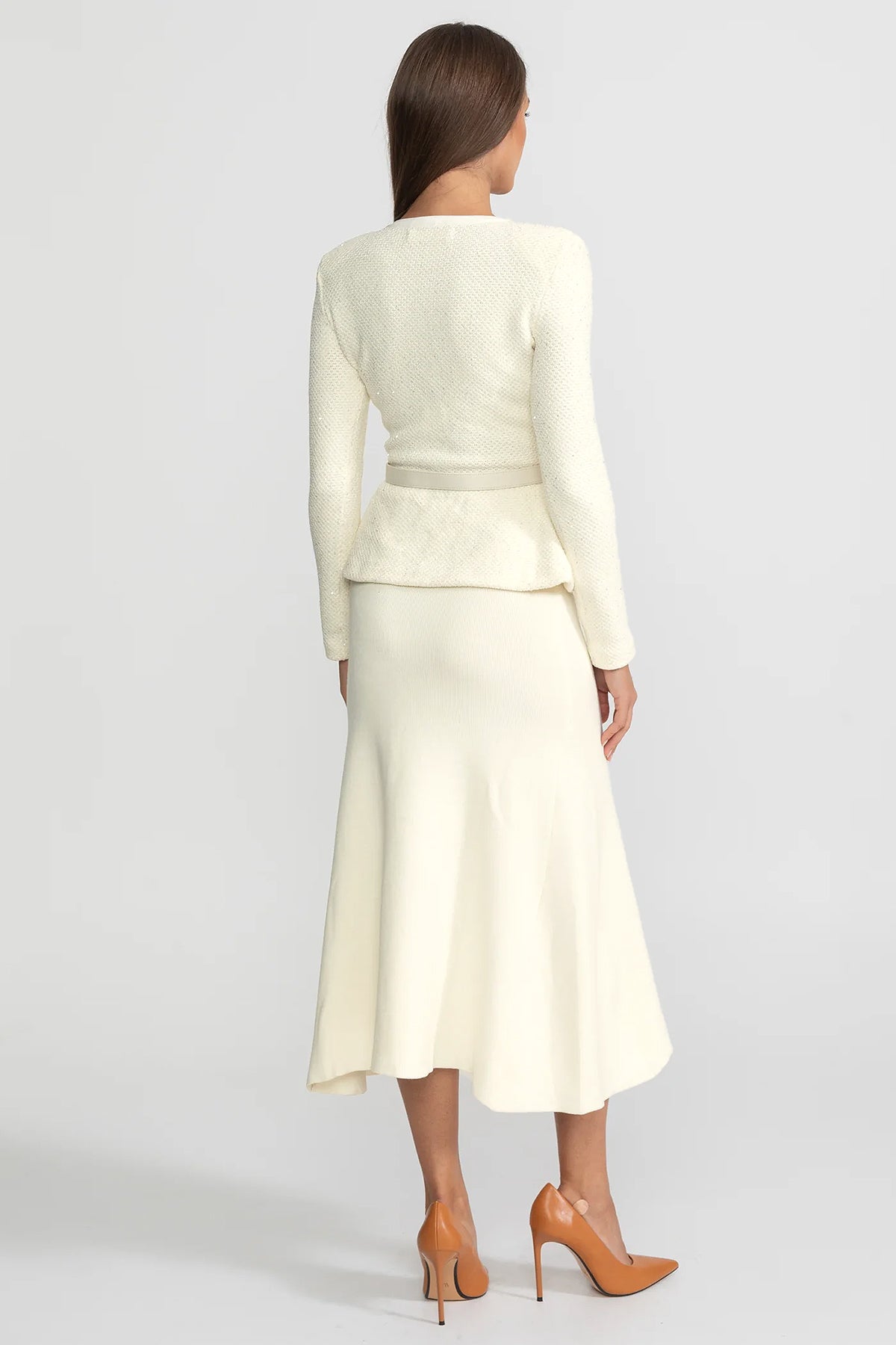 Tweed-Peplum-Strick-Midikleid – Ivoire