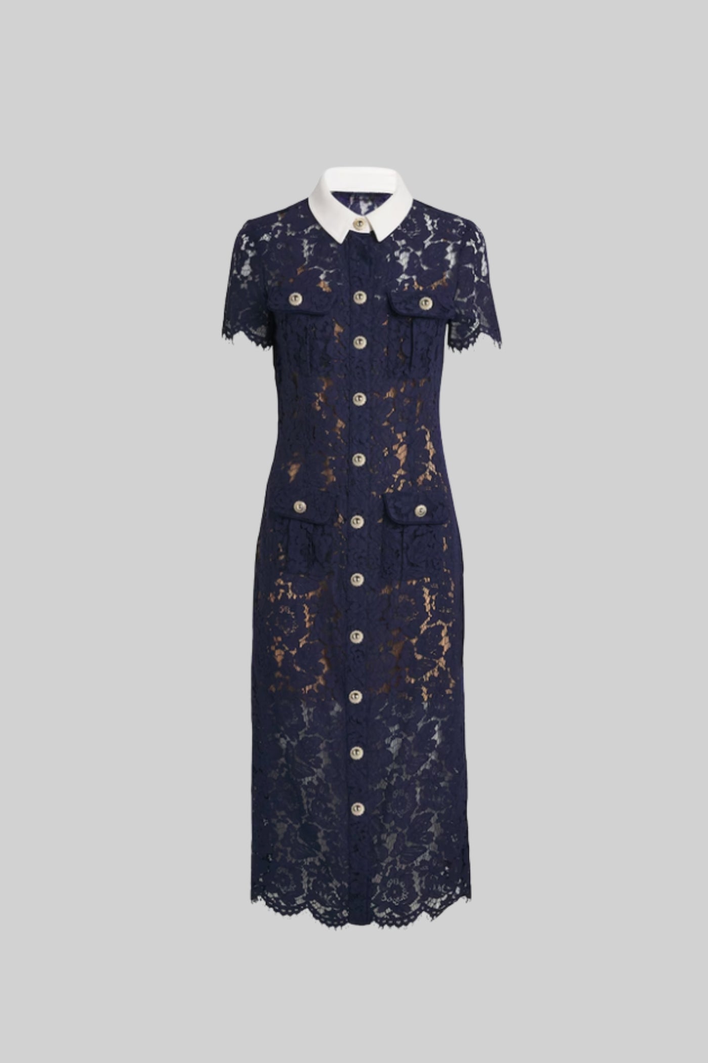 Florales Spitzen-Midikleid mit maßgeschneidertem Kragen und tailliertem Gürtel - Navy