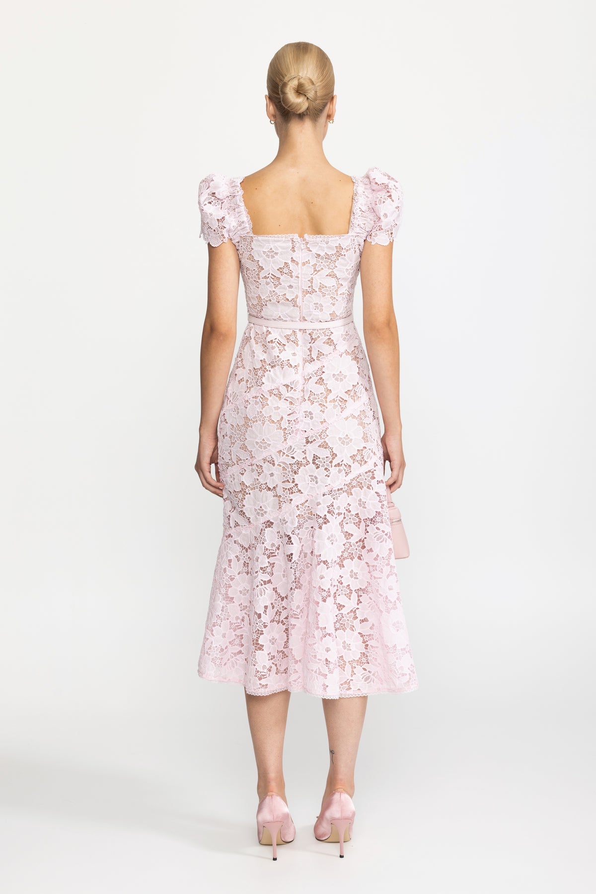 Guipure Lace Puff Sleeve Midi Dress - Pink
