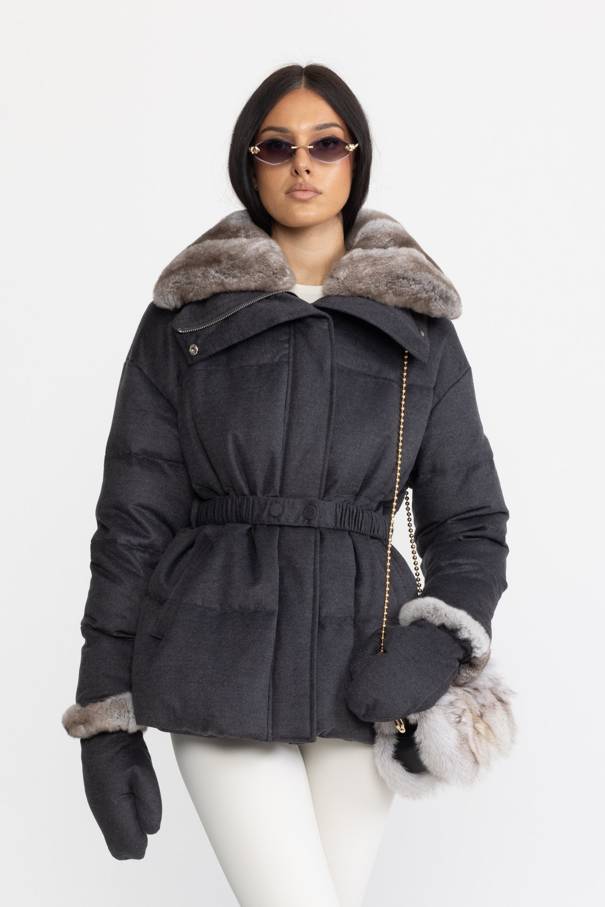 Rex Rabbit Fur Collar Cotton-Silk Down Jacket - Charcoal