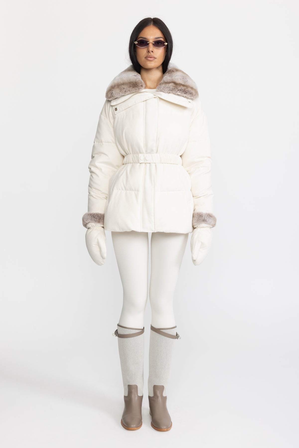 Rex Rabbit Fur Collar Cotton-Silk Down Jacket - Ivoire