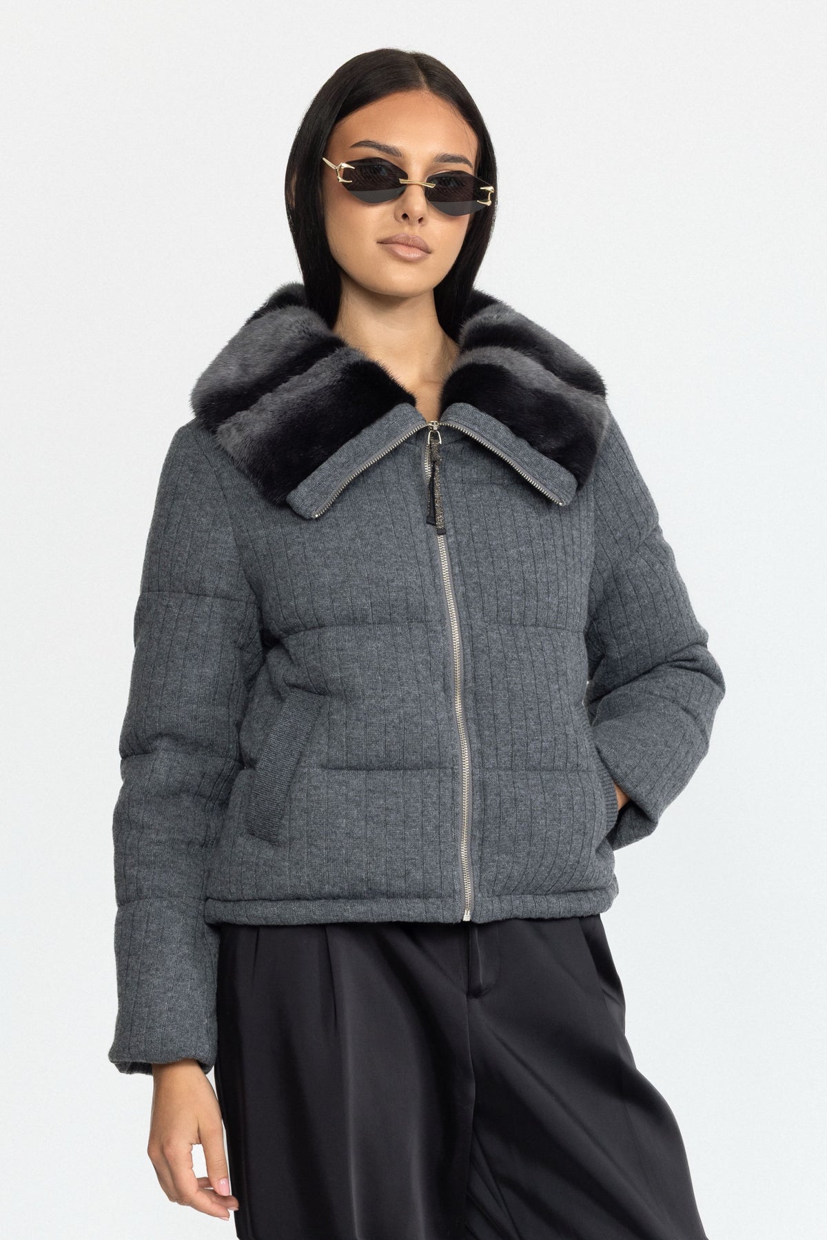 Mink Collar Knit Down Jacket - Grey