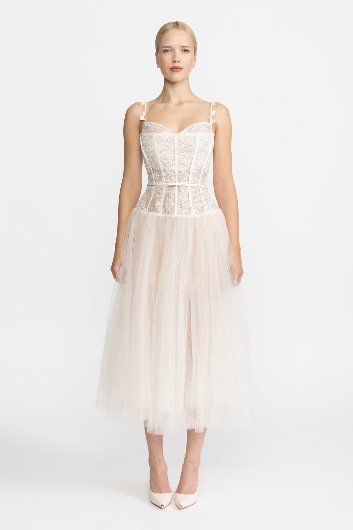 Midi-Kleid aus Tüll mit Spitzenkorsage – Beige