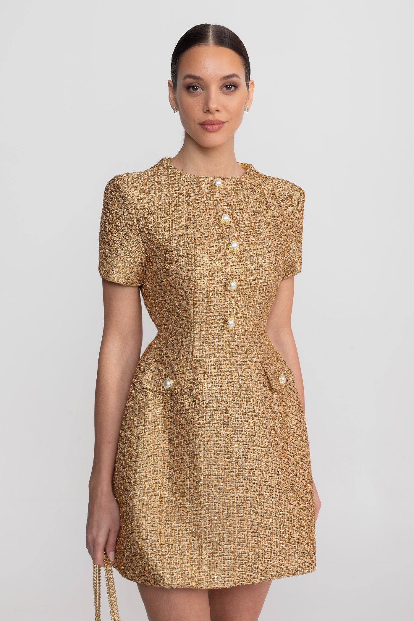 Tweed Mini Dress With Round Neckline And Pearl Button Detail - Gold