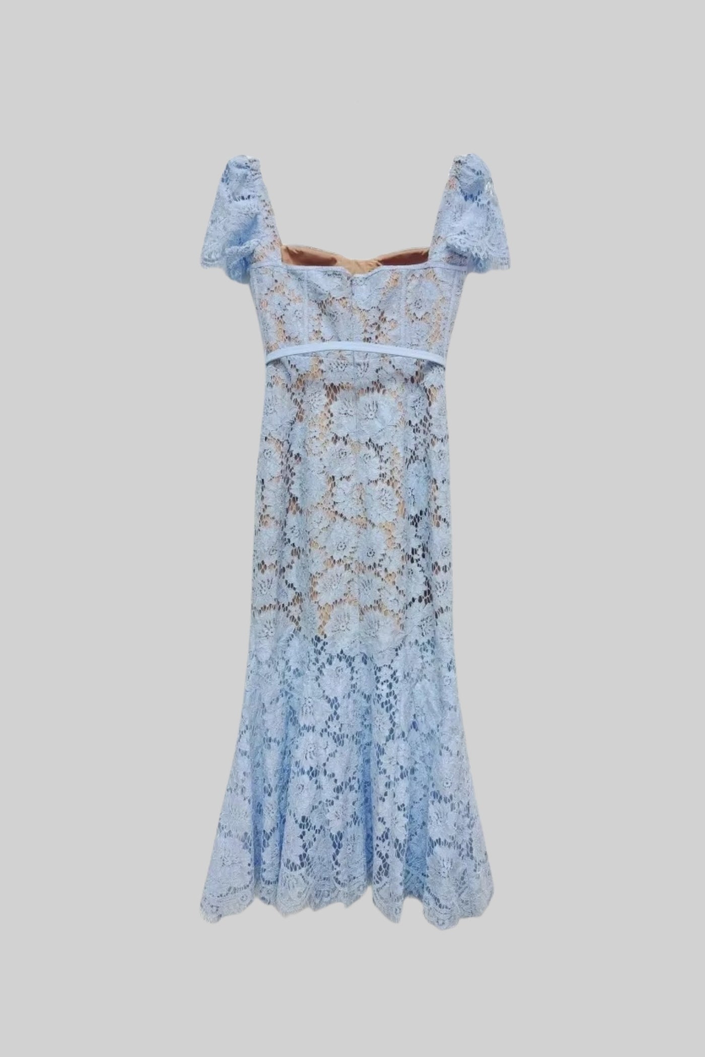 Kurzärmeliges Spitzenkleid mit zartem, passendem Taillengürtel – Blau