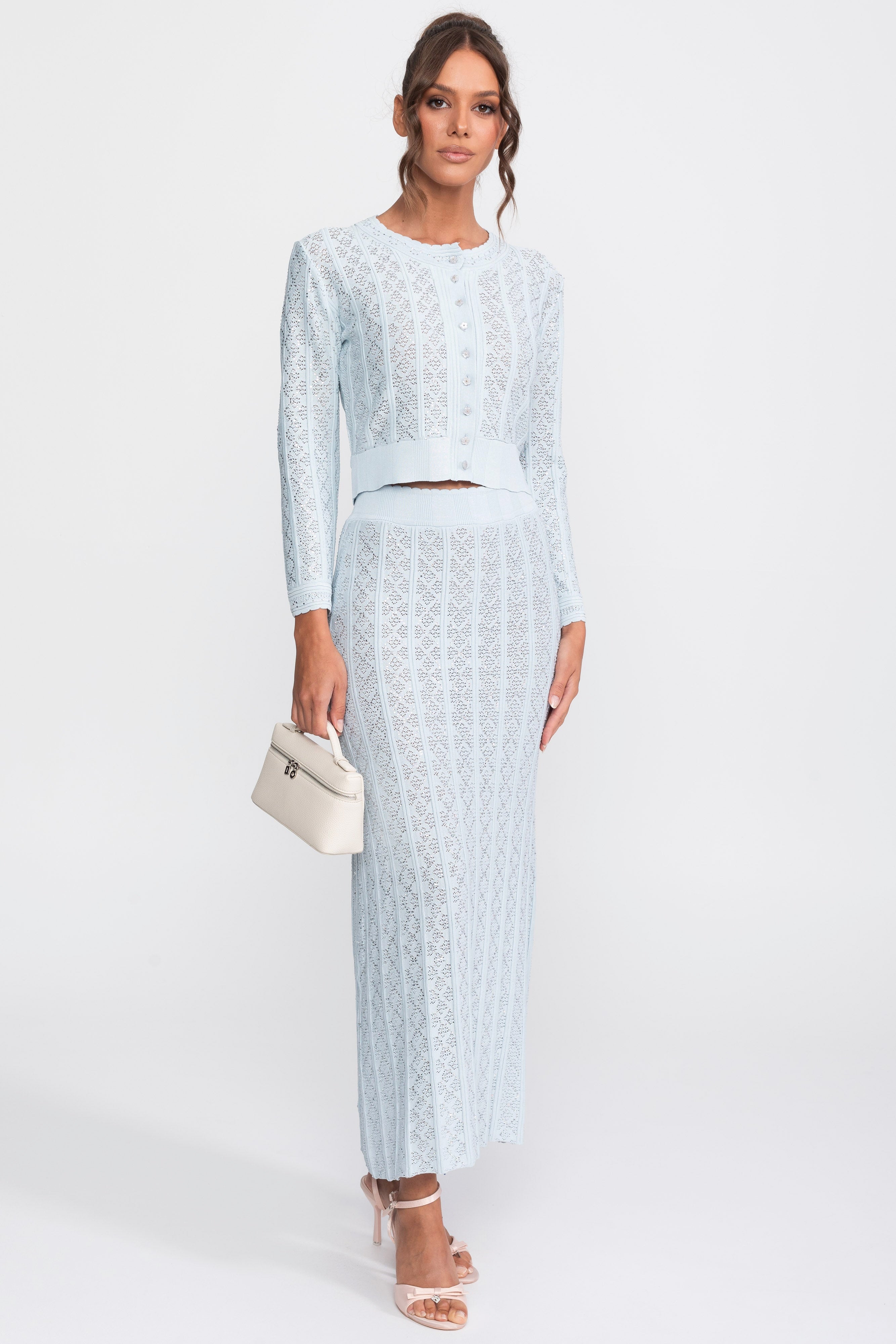 Eyelet-Strick-Set mit Cardigan und Maxirock - Hellblau