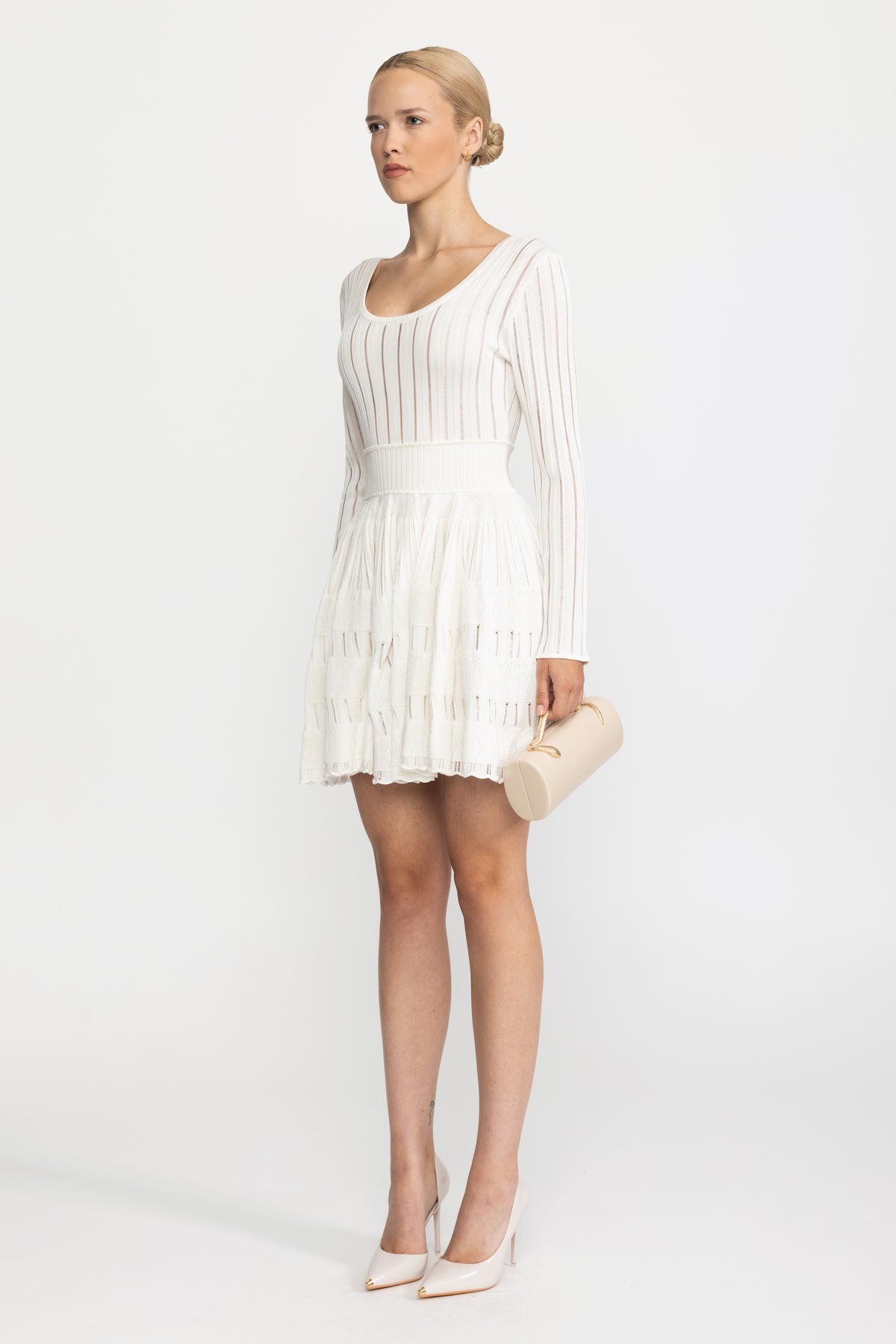 Ladder Knit Scoop Neck Skater Mini Dress - White