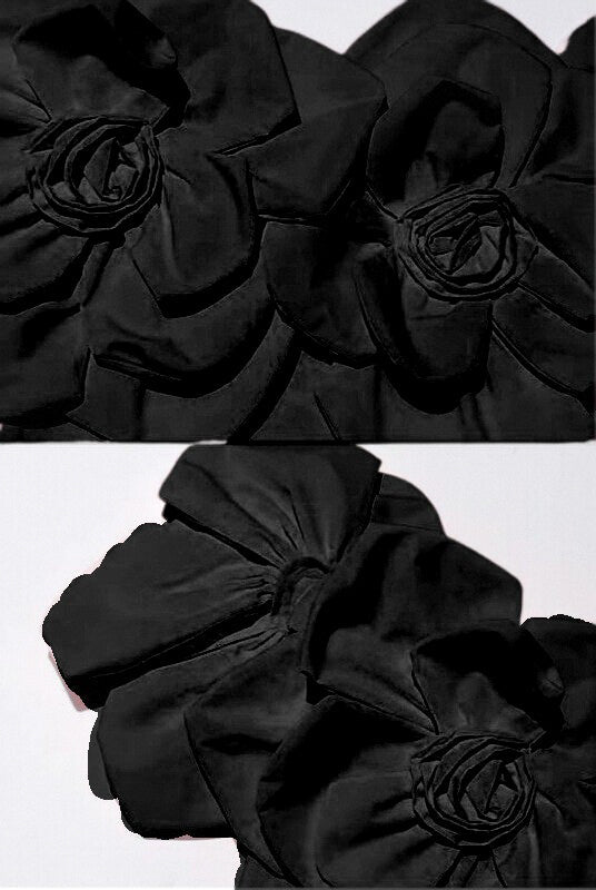 Off-Shoulder-Midikleid mit großen floralen Stoffakzenten – Schwarz