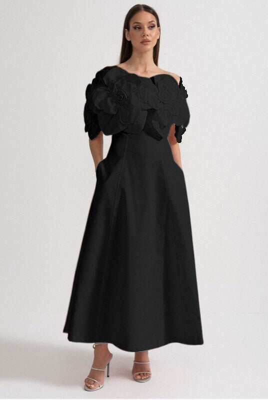 Off-Shoulder Midi Dress With Large Fabric Floral Accents - Black