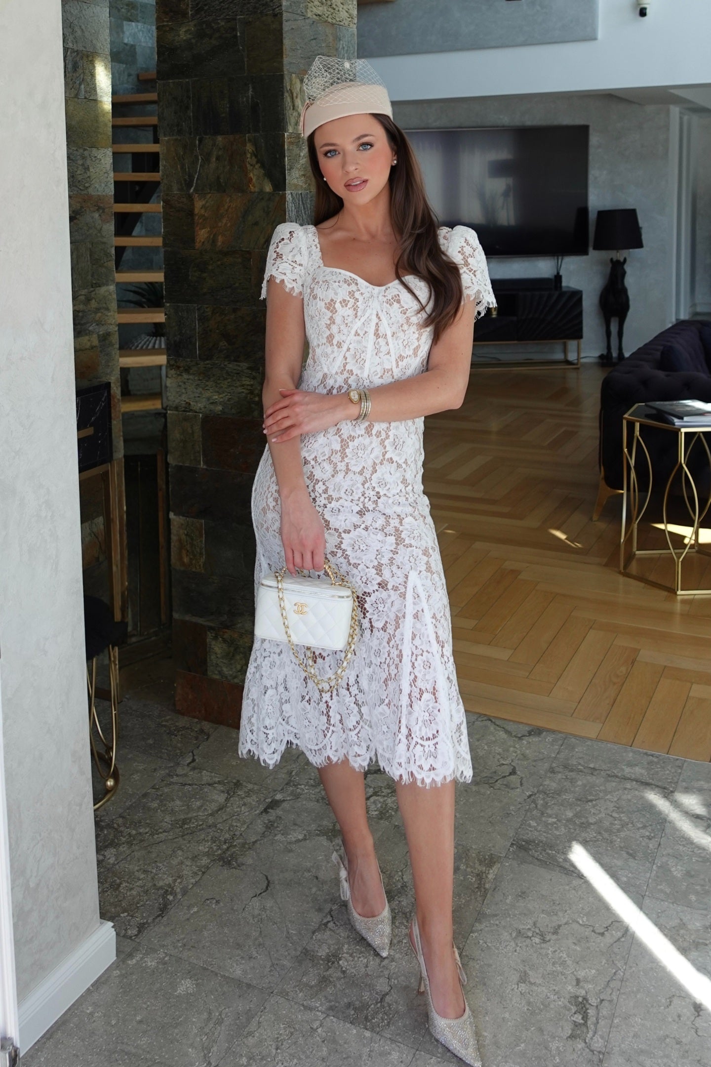 Short Sleeved Lace Dress With Delicate Matching Waist Belt - White