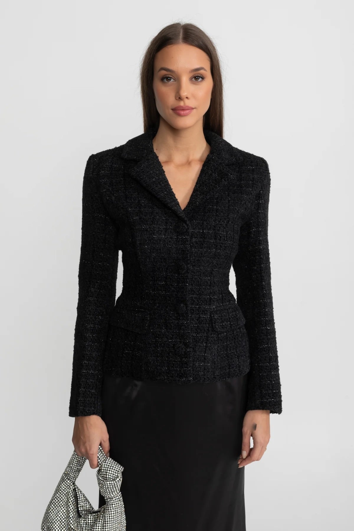 Tweed Blazer and Satin Maxi Skirt Co-Ord Set – Black