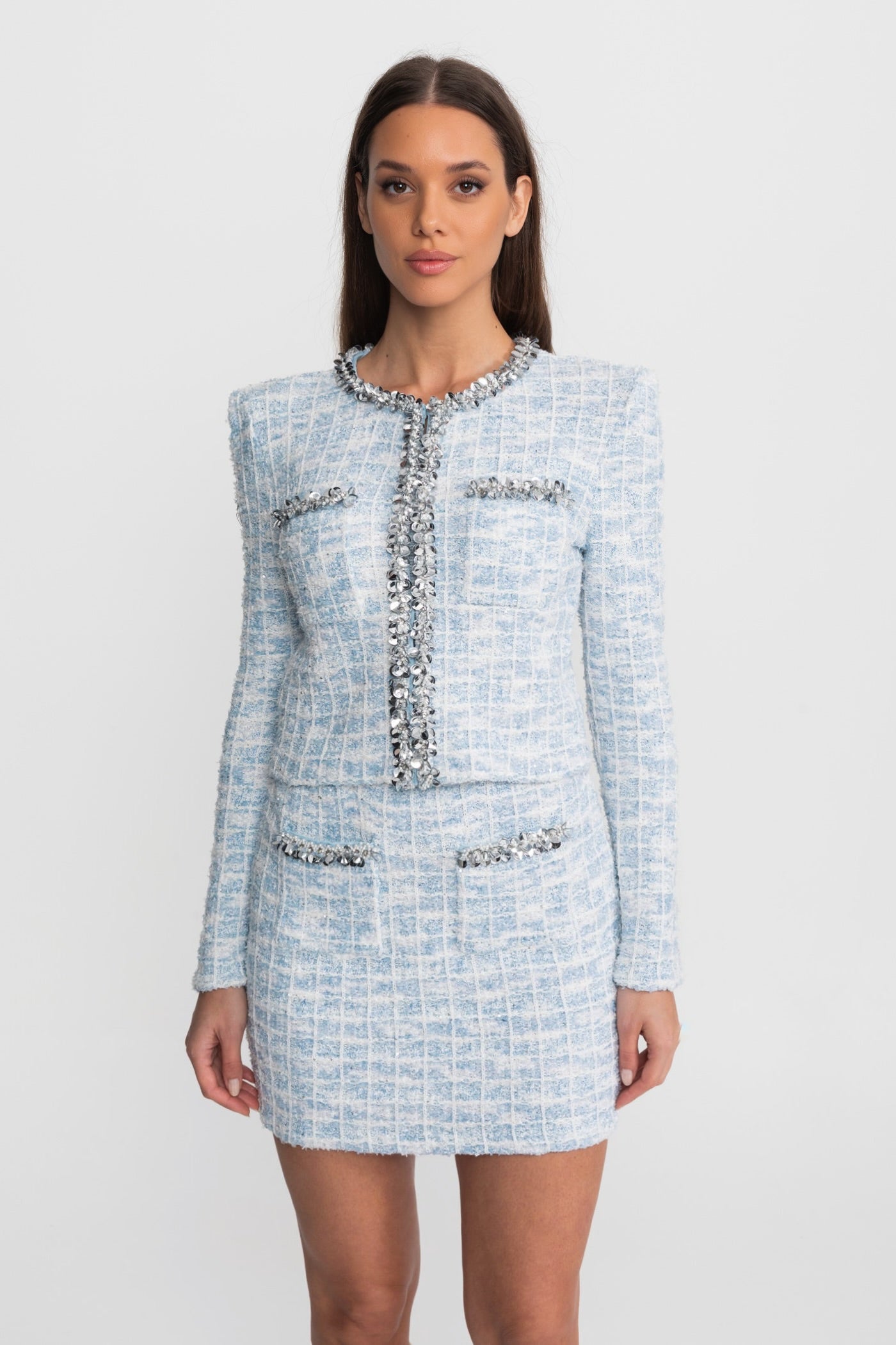 Embellished Tweed Co-Ord Set with Crystal Trim – Light Blue