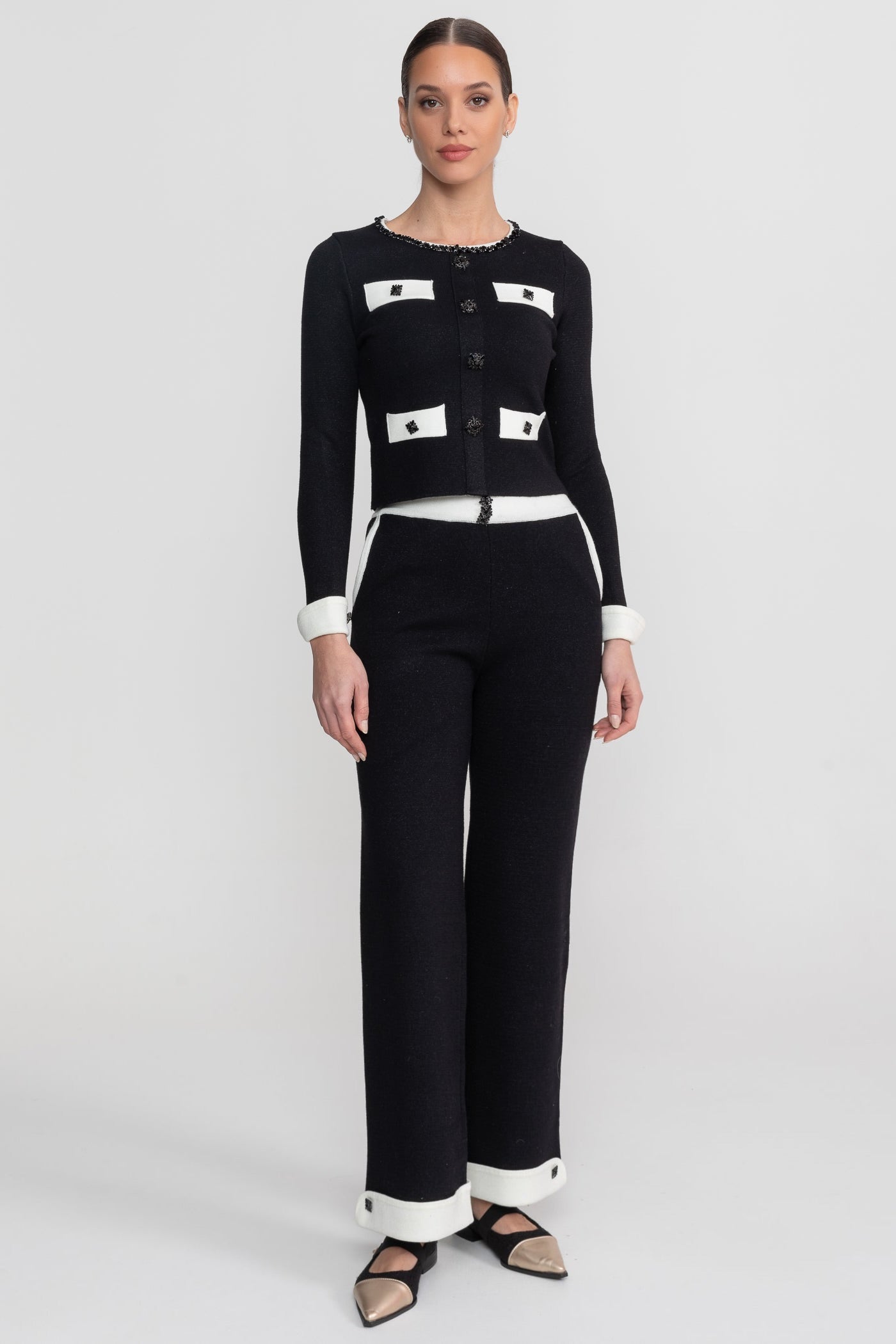 Long Sleeve Knit Co-Ord Set With Contrast Trim And Sparkling Embellishments - Black