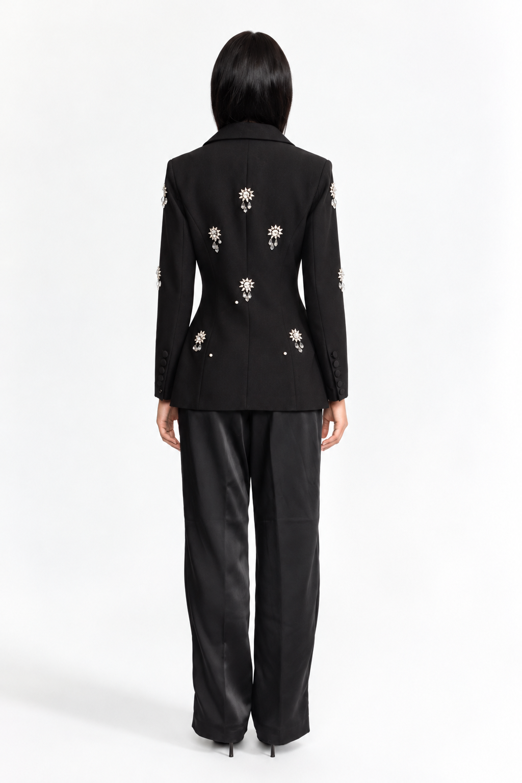 Crystal Brooch Embellished Double-Breasted Blazer - Black
