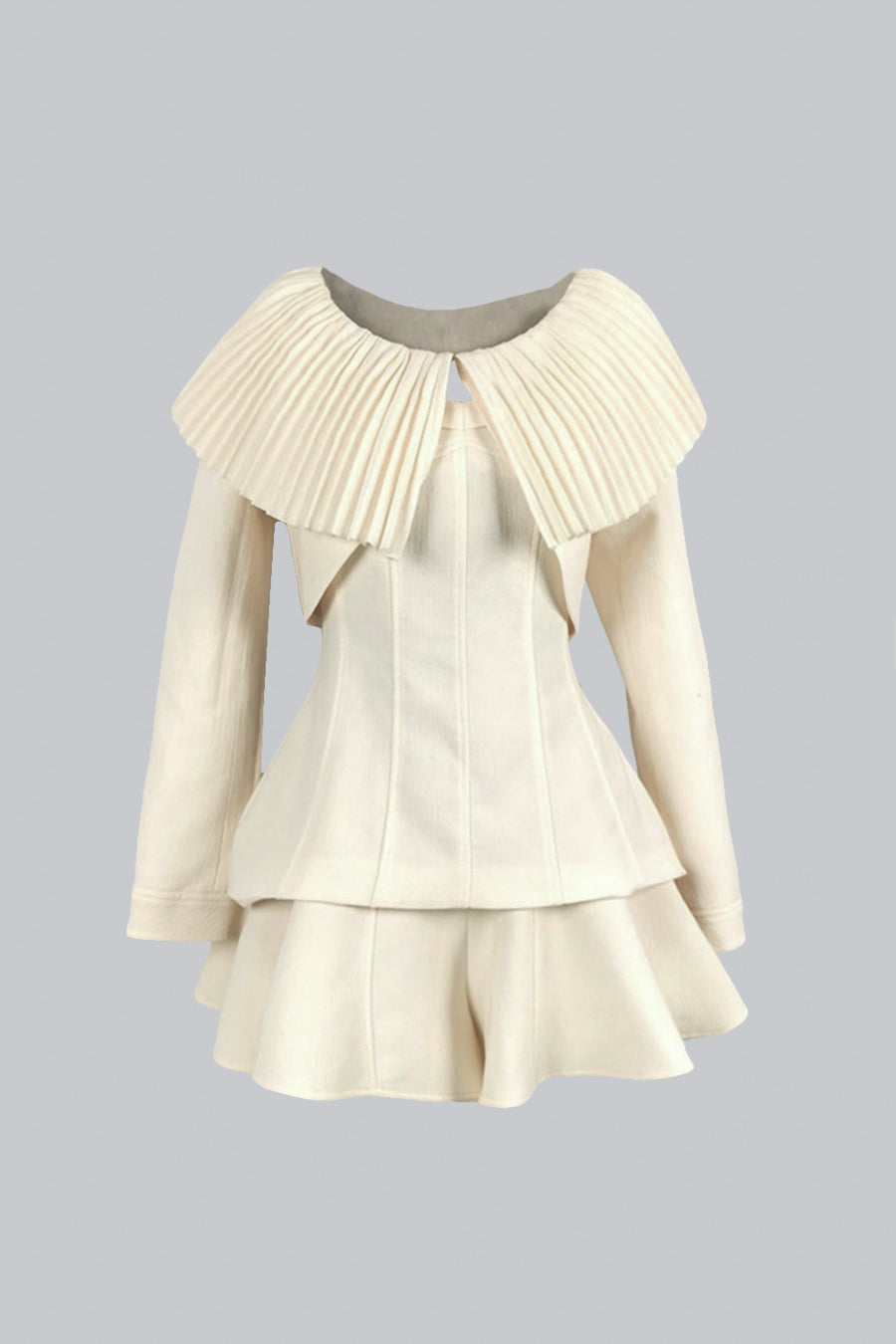 Elegantes 3-teiliges Kleid mit plissiertem, abnehmbarem Kragen und Rock – Ivoire