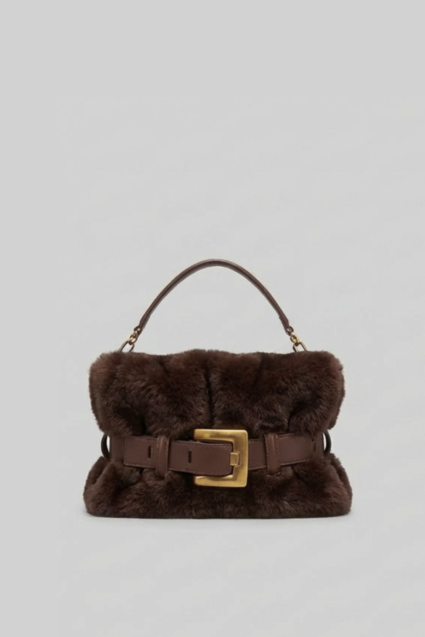Faux Fur Handbag with Belt Buckle Detail – Brown