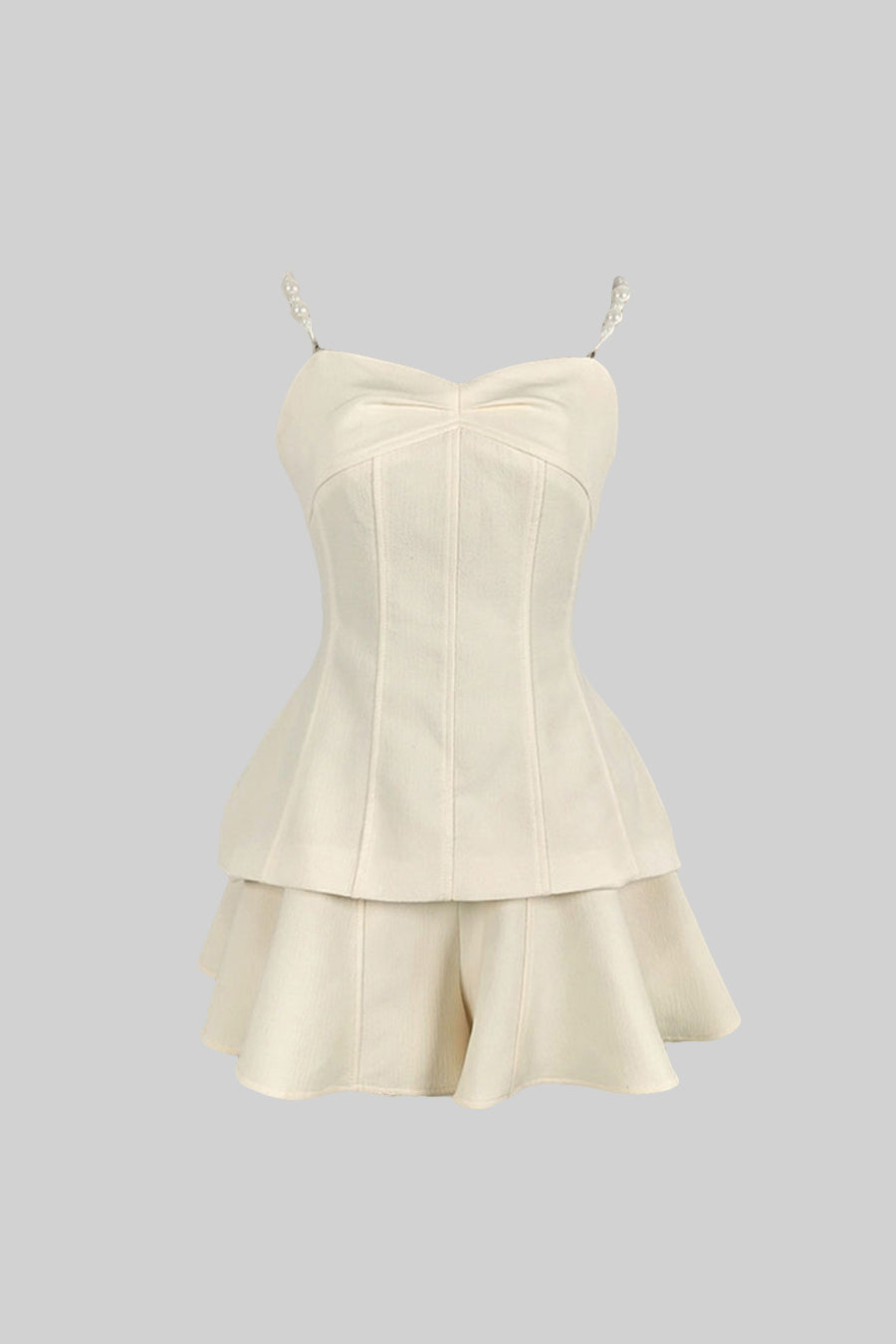 Elegantes 3-teiliges Kleid mit plissiertem, abnehmbarem Kragen und Rock – Ivoire