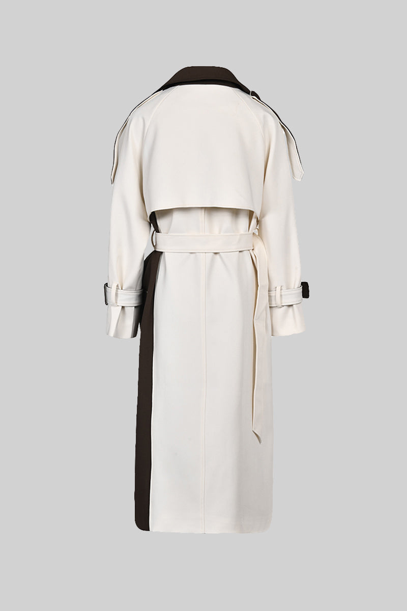Bicolor Doppelreihiger Trenchcoat - Creme & Braun